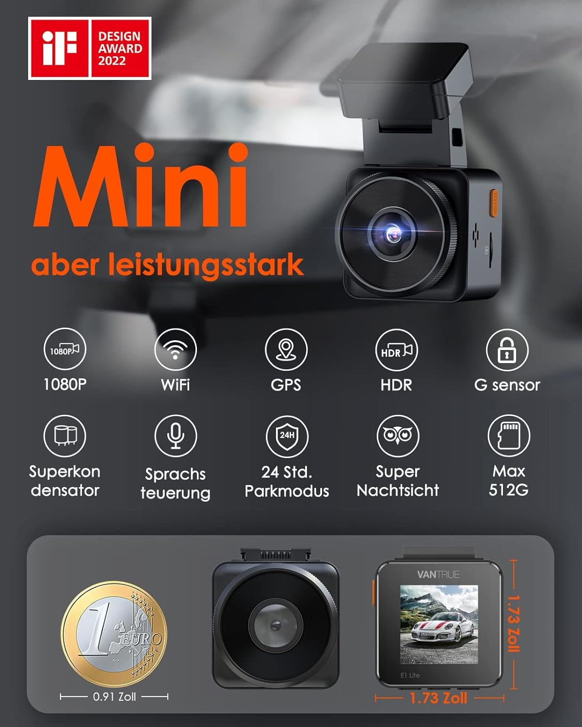 VANTRUE E1 WiFi GPS Dash Cam, 2596x1944P 30FPS Telecamera Per Auto a condensatore con Schermo IPS da 1,54 Pollice a 160°, Monitoraggio del parcheggio 24 ore, Telecomando e controllo vocale, Max 512G