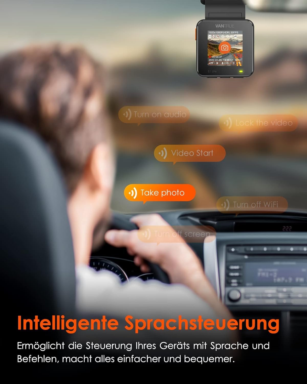 VANTRUE E1 WiFi GPS Dash Cam, 2596x1944P 30FPS Telecamera Per Auto a condensatore con Schermo IPS da 1,54 Pollice a 160°, Monitoraggio del parcheggio 24 ore, Telecomando e controllo vocale, Max 512G