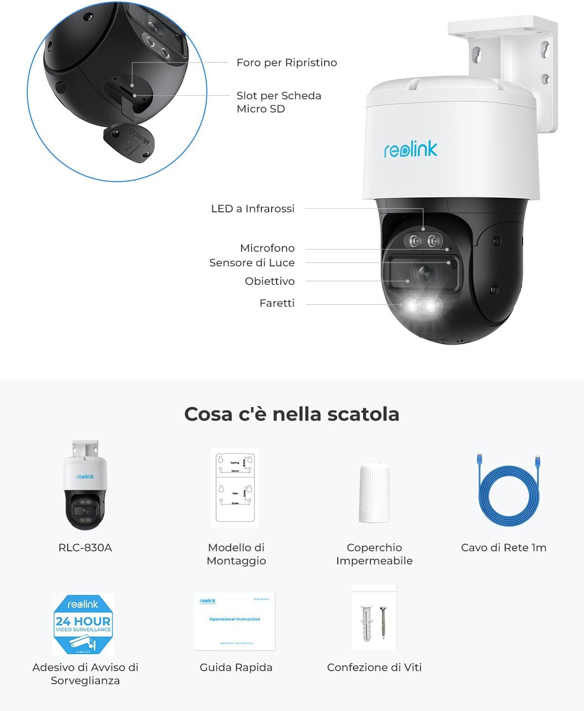 Reolink PoE 4K PT Telecamera Esterno, Panoramica a 355° e Inclinazione a 90°, Inseguimento Automatico, Rilevamento di Uomo/Veicolo/Animale, Visione Notturna a Colori, Audio 2 Vie, RLC-830A