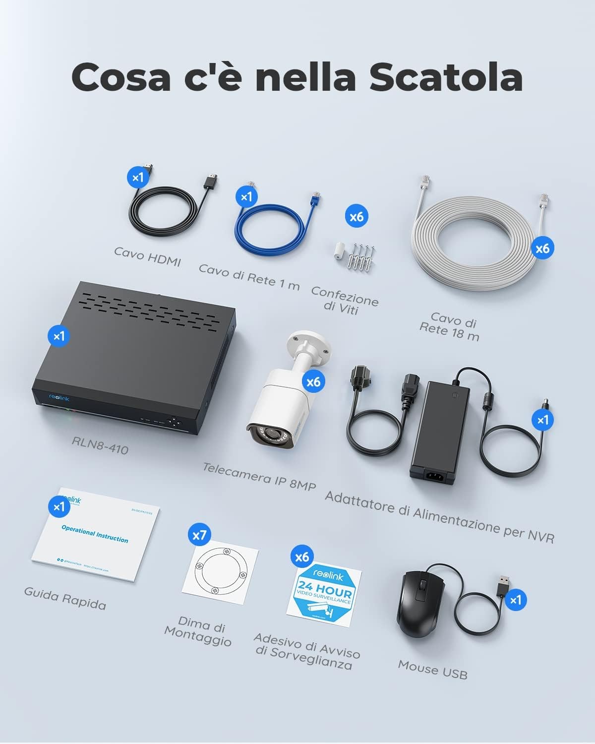 Reolink 4K Kit Videosorveglianza PoE, Rilevamento Intelligente di Uomo e Veicolo, 8CH 2TB NVR + 6x Telecamera Esterno PoE Impermeabile, Visione Notturna Infrarossa 30m, Registrazione 24/7, RLK8-800B6