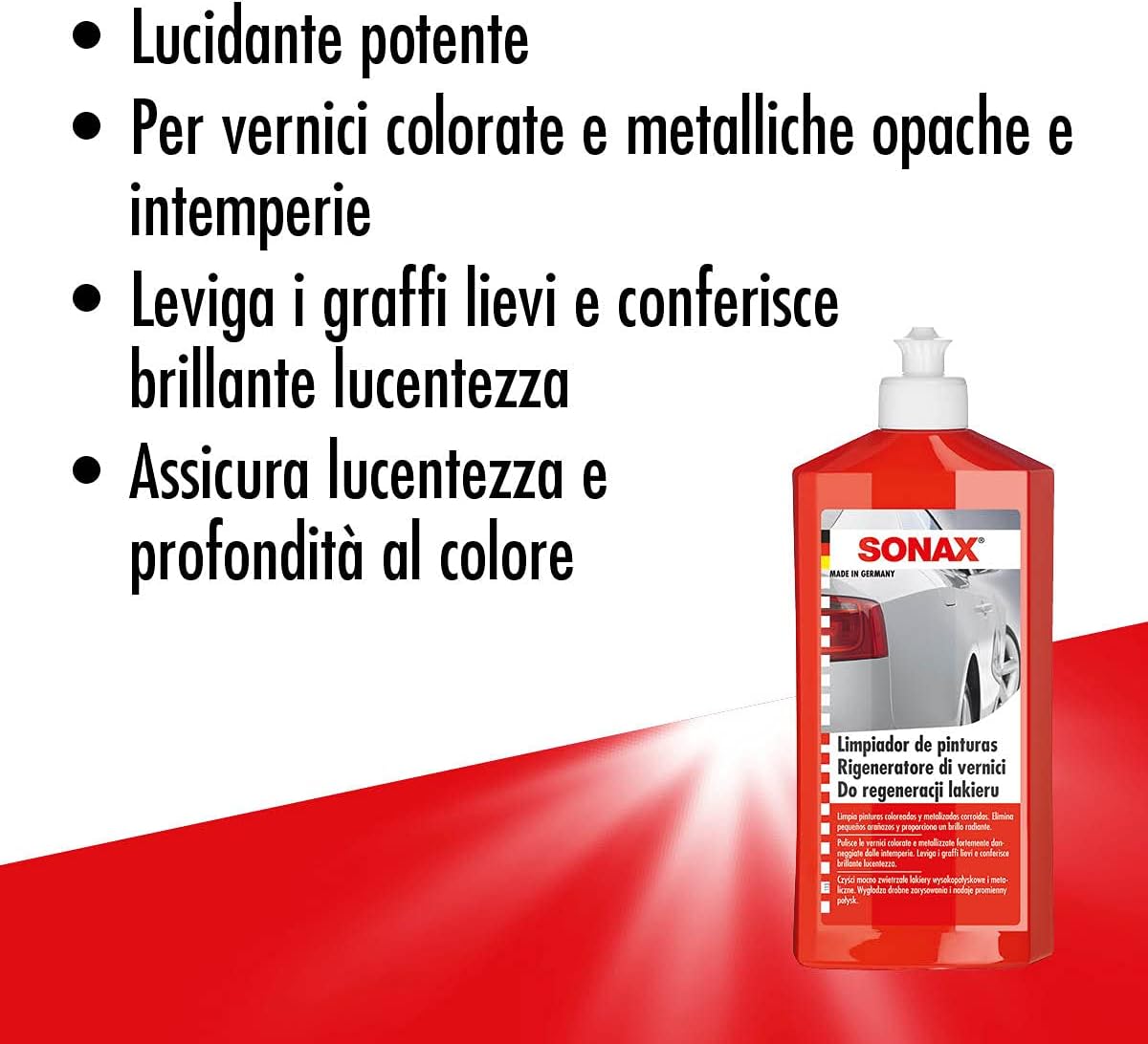 SONAX Rigeneratore di vernici (500 ml) potente lucidante per lacche colorate e metalliche opache e fortemente alterate | Art. N. 03022000-820