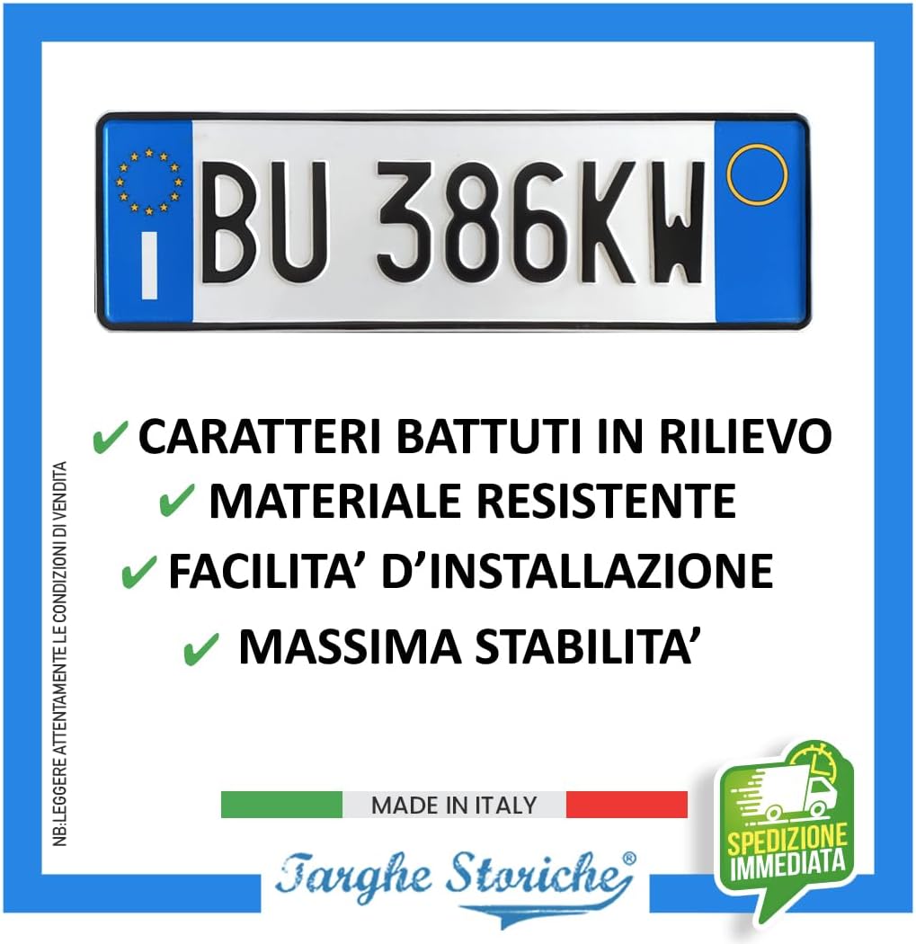 Targa Auto Anteriore Modello Europeo, Replica Targa Anteriore Catarifrangente in Alluminio con Caratteri Battuti, Punzonati in Rilievo, Made in Italy