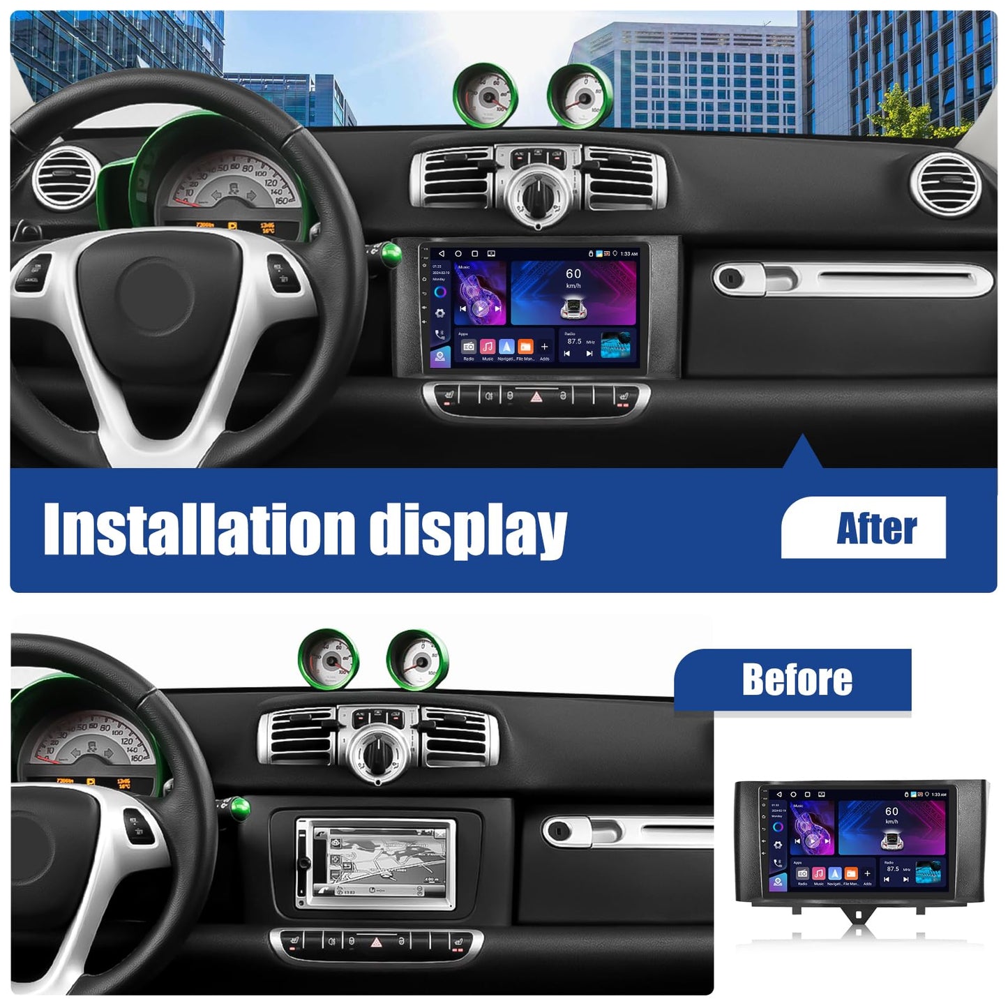 Autoradio con CarPlay/Android/DSP SIXWIN 2+64G Android 13 per Mercedes-Benz Smart Fortwo 2011-2015,1280 * 720, 9" HD Schermo Navigatore GPS WiFi BT USB FM RDS Mirror Link
