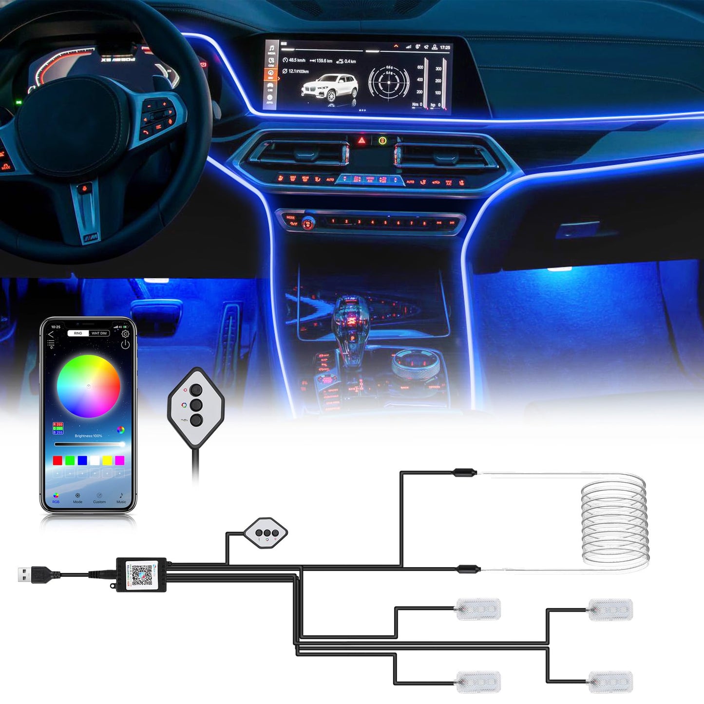 Boadw Striscia Led Auto 5V 5050 RGB Illuminazione Ambientale Auto 4m, Led Strip Car con APP,Pulsante di Controllo,Luce di Atmosfera USB Neon Luce di Musica Striscia Nero Cavo