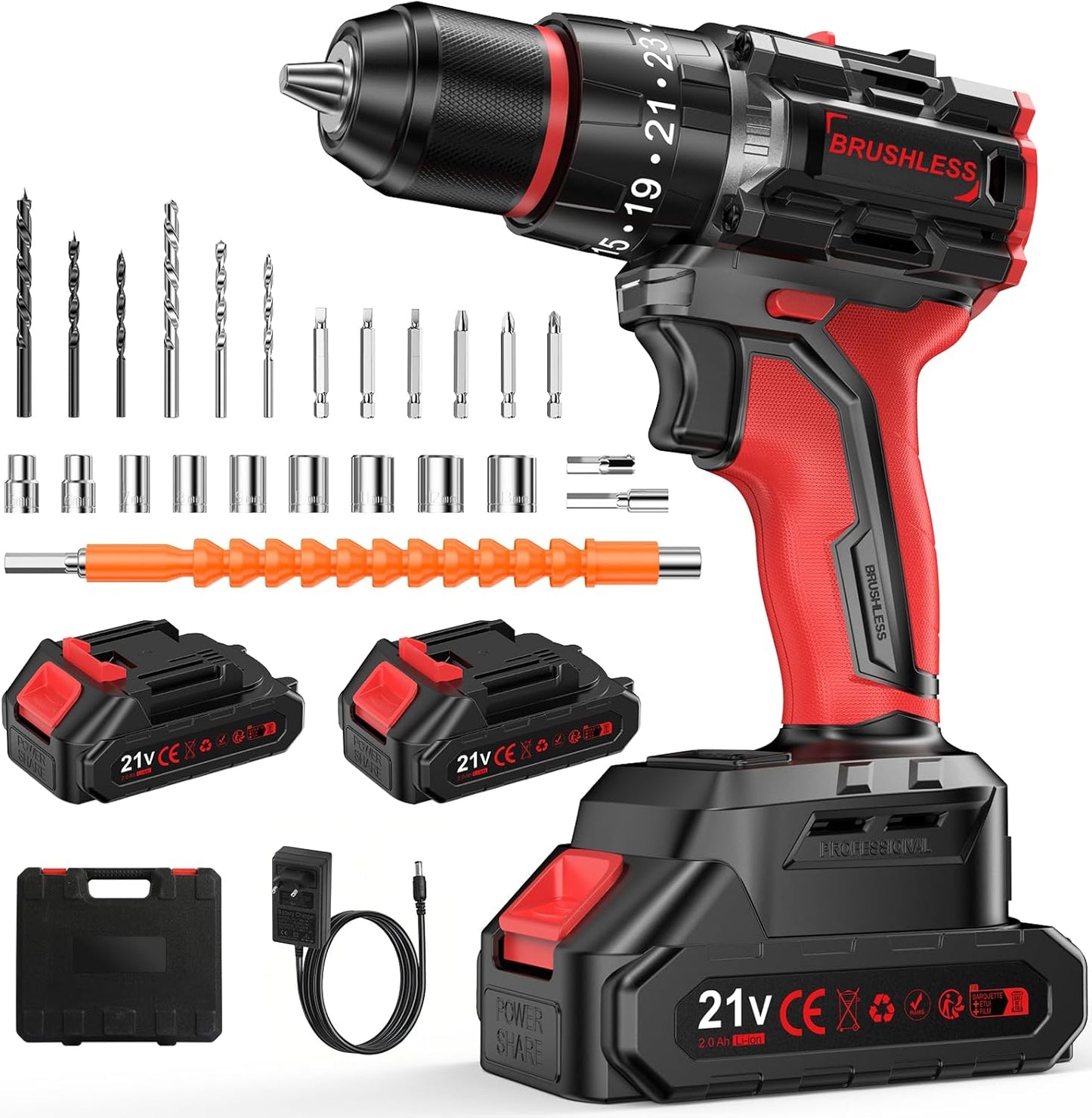 Trapano Elettrico Brushless Cordless Drill, 21 V, Impact Wrench with 2 Batteries of 2.0 Ah, 55 Nm Max, 25 + 3 Pair