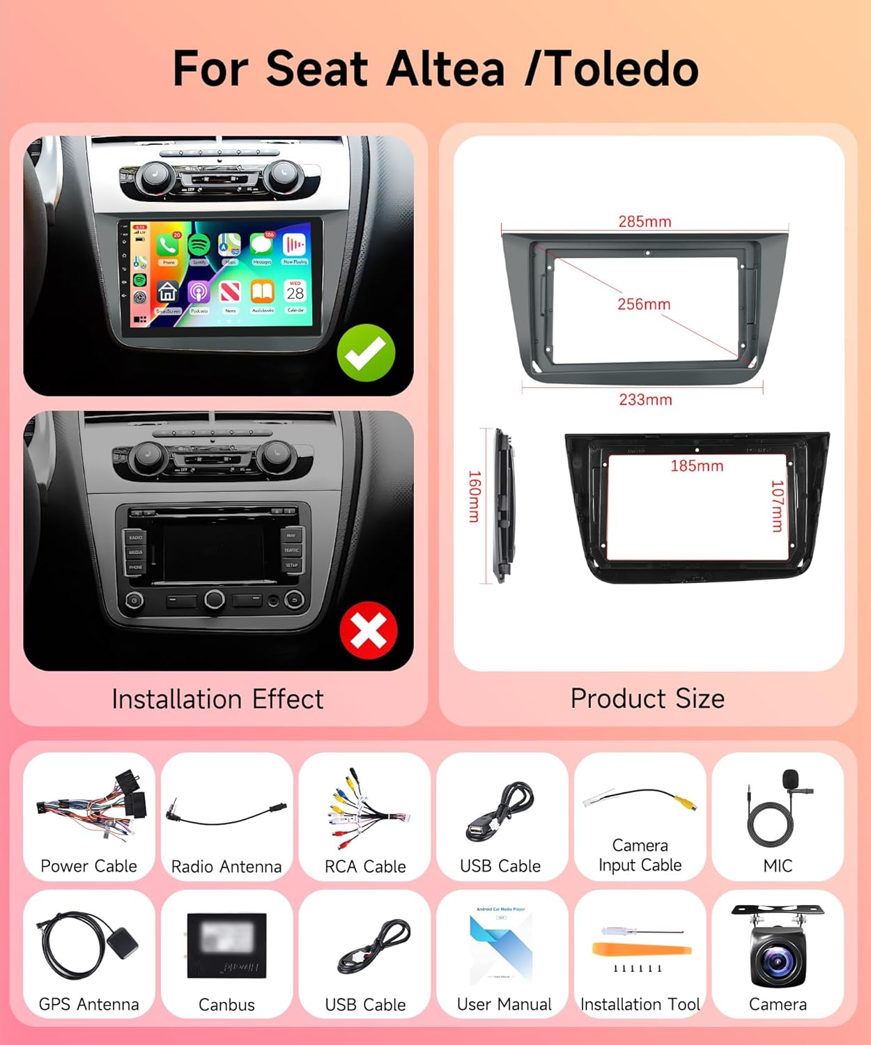 Autoradio 2 Din per Seat Altea 2004-2015 4G+64G Wireless Carplay Android 13 Toledo 2004-2009 9 Pollici Autoradio con Android Auto GPS Navi WiFi Mirror Link Bluetooth FM/RDS/SWC Telecamera Posteriore