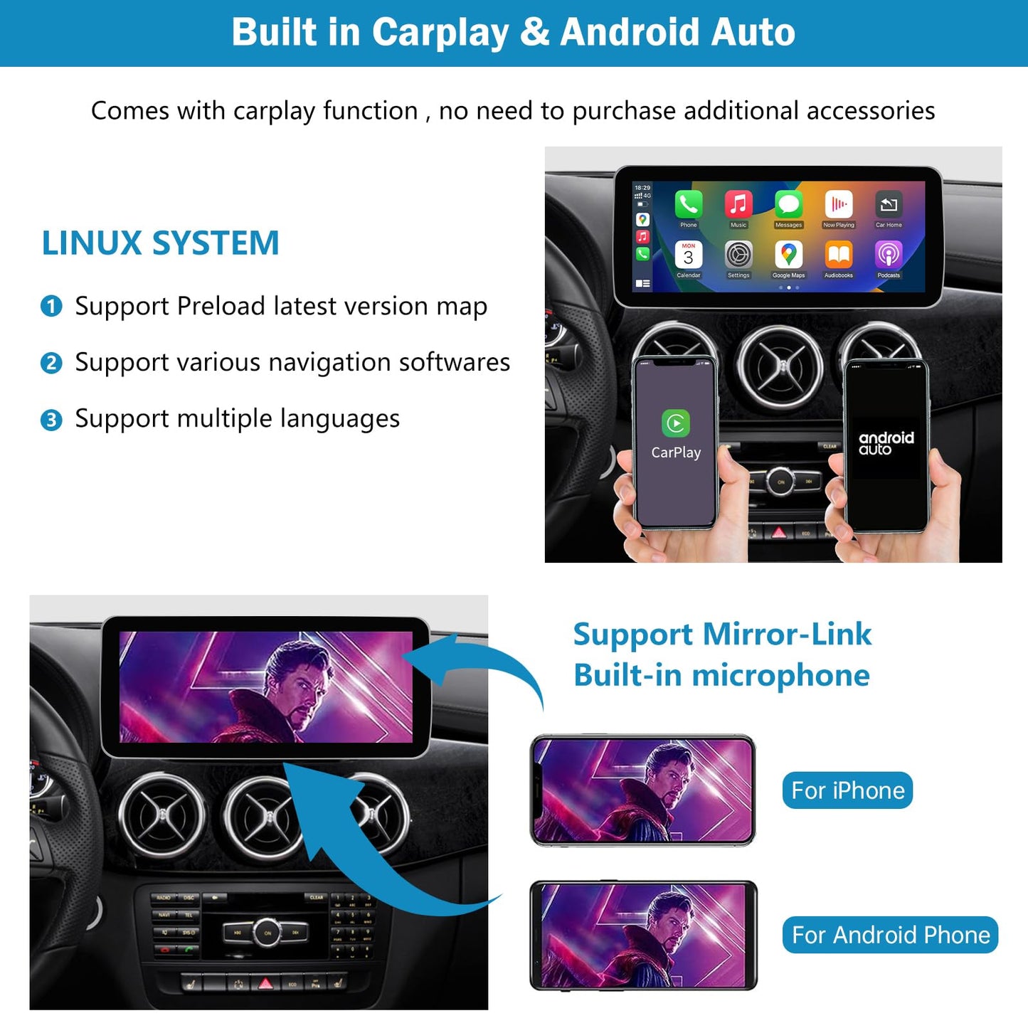 Autoradio da 10,25 pollici per Mercedes Benz Classe A/B GLA CLA W176 W246 C117 X117 X156 2013-2015 con NTG 4.5/4.7, supporta Apple Carplay/Android Auto/Mirrorlink