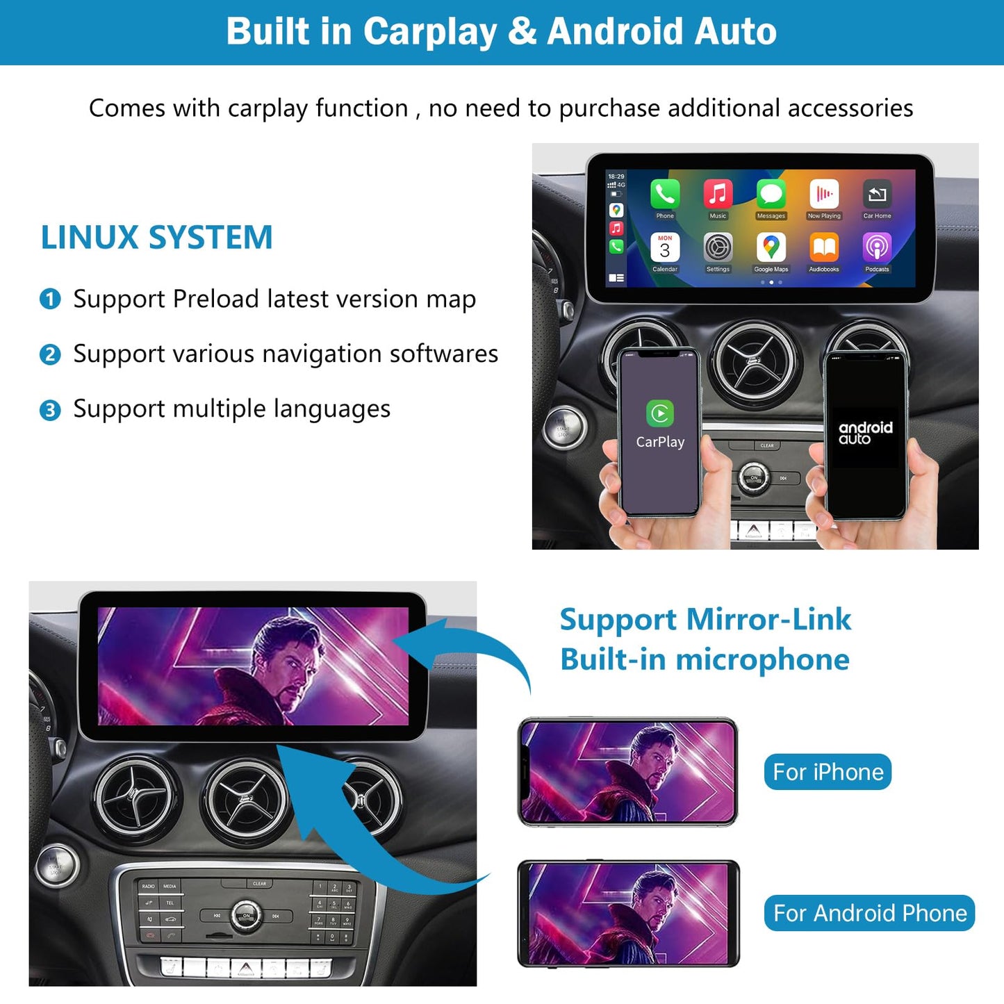 Autoradio da 10,25 pollici per Mercedes Benz Classe A/B GLA CLA W176 W246 C117 X117 X156 2013-2015 con NTG 4.5/4.7, supporta Apple Carplay/Android Auto/Mirrorlink