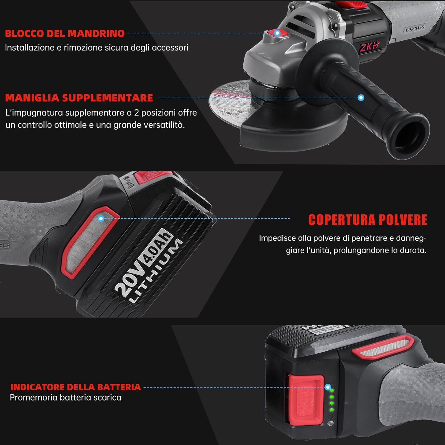 Smerigliatrice Angolare Motore brushless con 2 batterie *4.0Ah,8500RPM,10 dischi da taglio 125 mm smerigliatrice a batteria, 20V