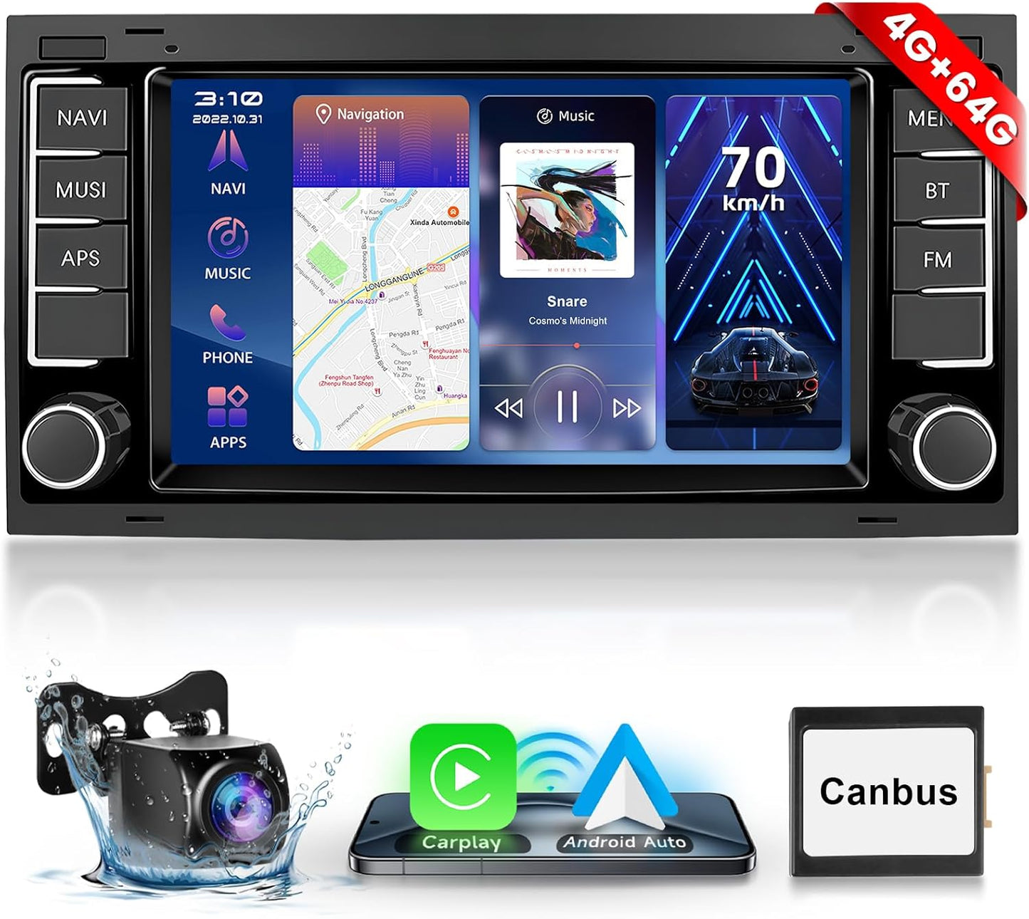 Autoradio per VW Touareg 2004-2011 【4+64G】Hodozzy Carplay Transporter T5 Multivan 2004-2009 con GPS/WiFi, 7 Pollici VW Autoradio Bluetooth con Android Auto/32 EQ/FM/RDS/SWC/USB+Retromarcia Telecamera