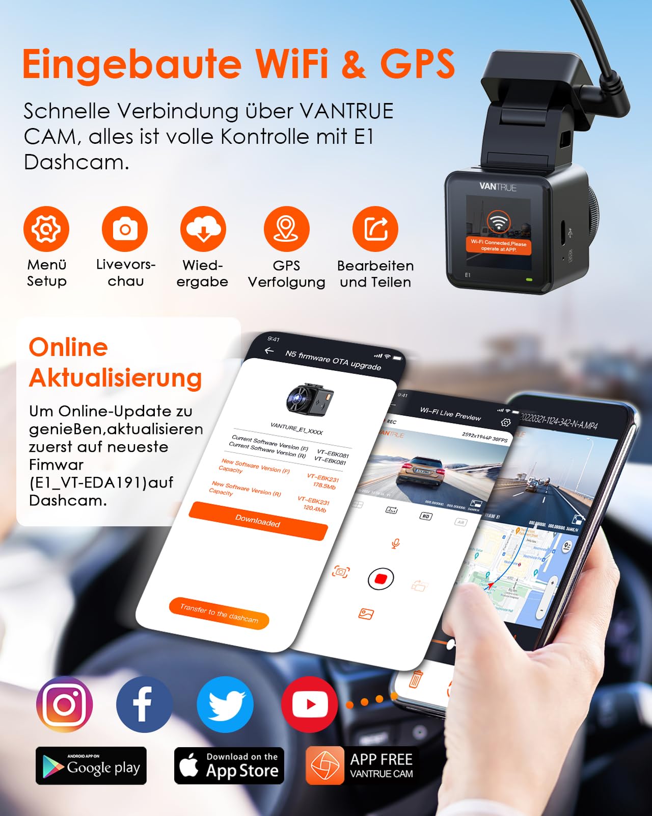 VANTRUE E1 WiFi GPS Dash Cam, 2596x1944P 30FPS Telecamera Per Auto a condensatore con Schermo IPS da 1,54 Pollice a 160°, Monitoraggio del parcheggio 24 ore, Telecomando e controllo vocale, Max 512G