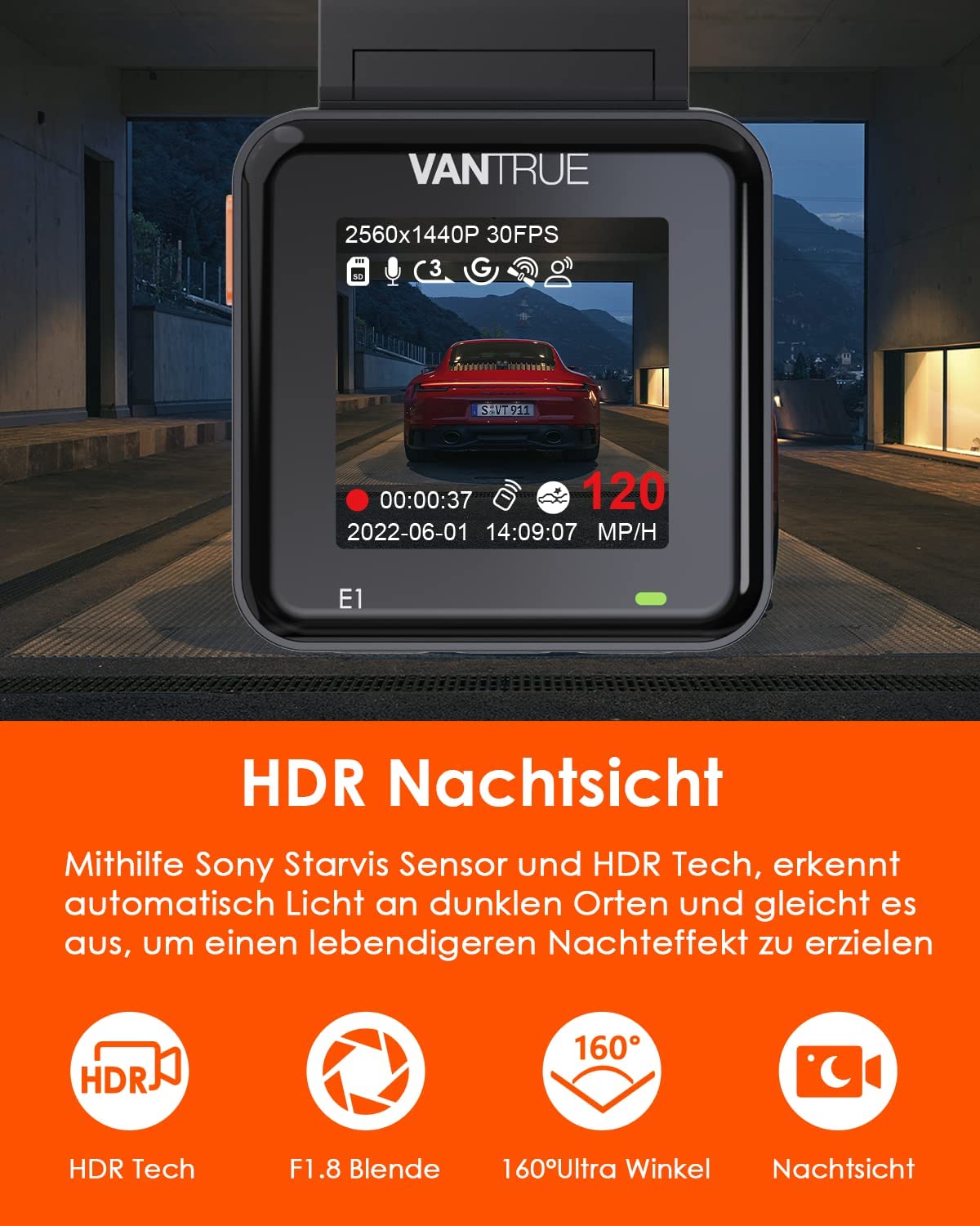 VANTRUE E1 WiFi GPS Dash Cam, 2596x1944P 30FPS Telecamera Per Auto a condensatore con Schermo IPS da 1,54 Pollice a 160°, Monitoraggio del parcheggio 24 ore, Telecomando e controllo vocale, Max 512G