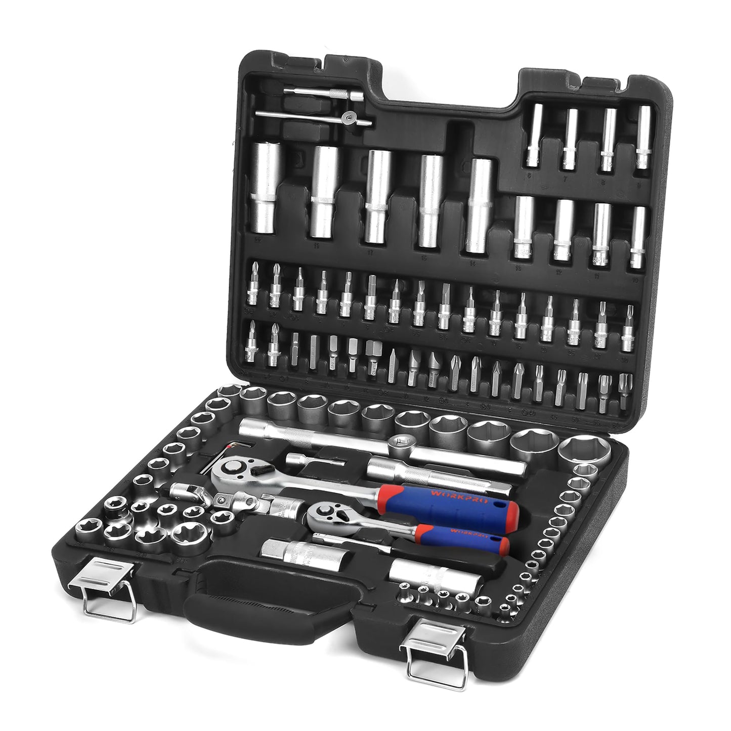 Set di Chiavi a Bussola con Cricchetto 1/4''+ 1/2'' 108 Pezzi,WORKPRO Custodia Portatile, Maniglia Girevole, Barra di Prolunga, Kit di Attrezzi Meccanici per Auto