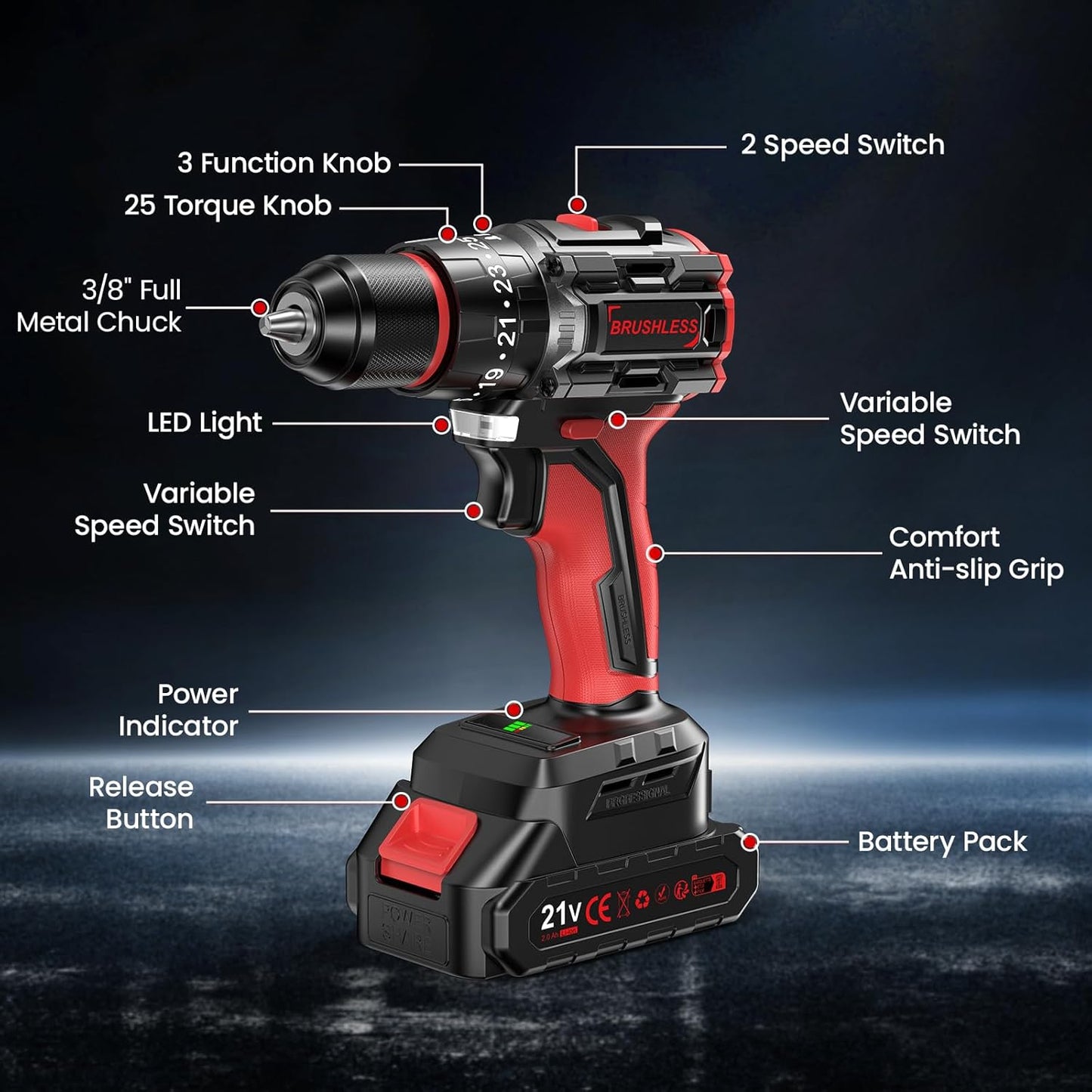 Trapano Elettrico Brushless Cordless Drill, 21 V, Impact Wrench with 2 Batteries of 2.0 Ah, 55 Nm Max, 25 + 3 Pair
