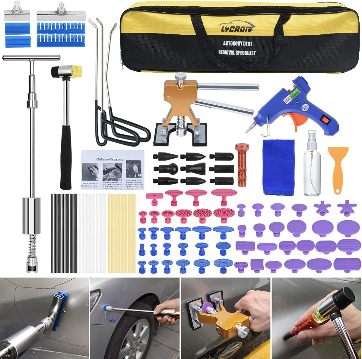 LYCAON Strumento per la Riparazione Kit estrattore per ammaccature, Pistola per Colla Hot Melt Plug, Dispositivo di rimozione della grandine, Istruzioni e Video Inclusi (107 Pezzi)