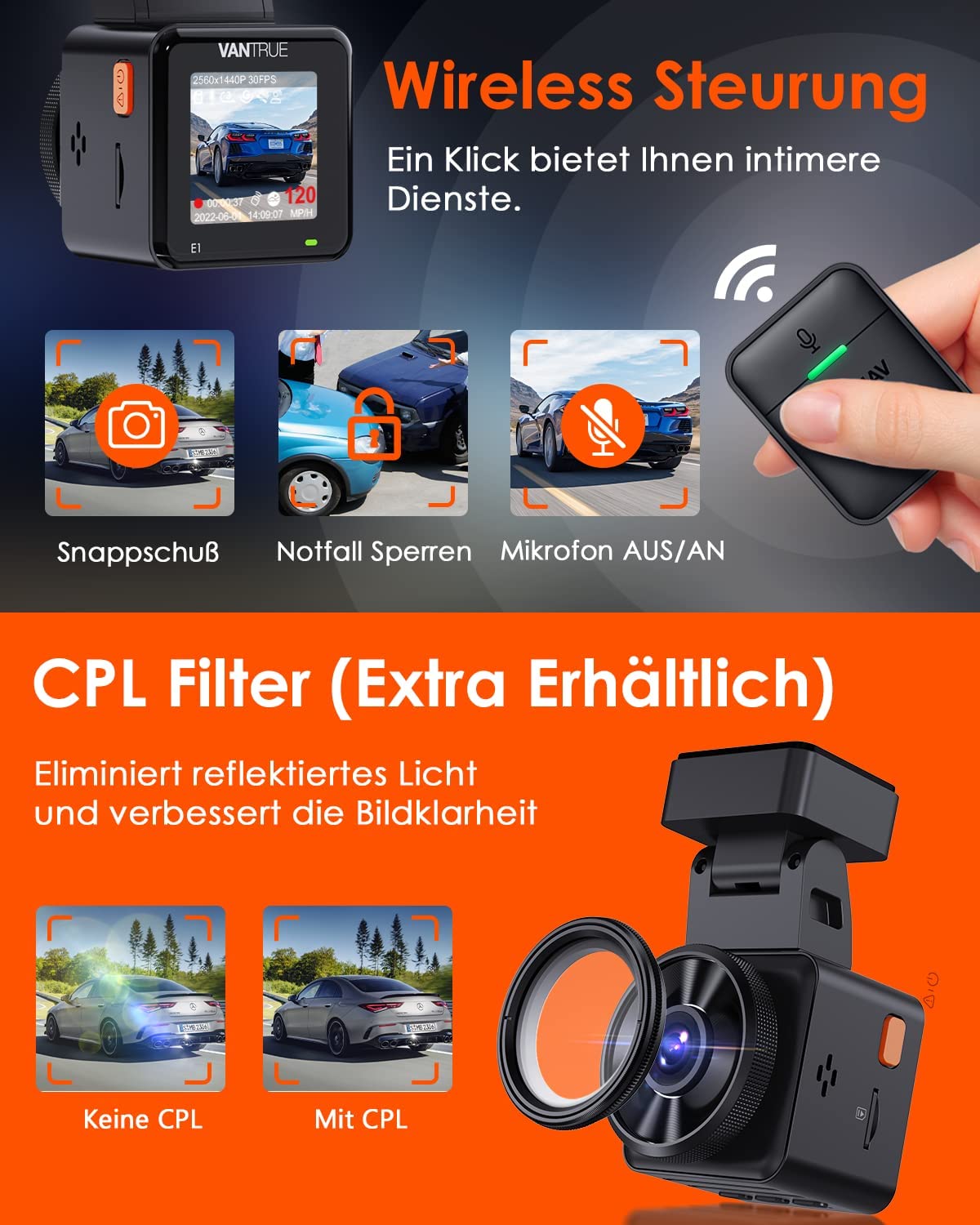 VANTRUE E1 WiFi GPS Dash Cam, 2596x1944P 30FPS Telecamera Per Auto a condensatore con Schermo IPS da 1,54 Pollice a 160°, Monitoraggio del parcheggio 24 ore, Telecomando e controllo vocale, Max 512G