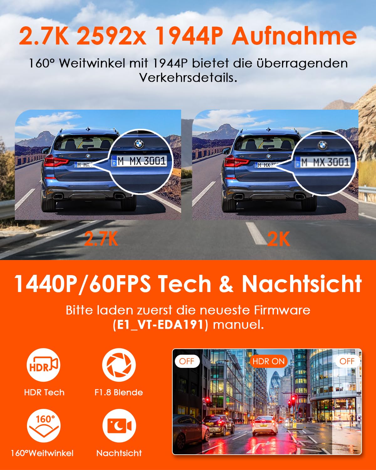 VANTRUE E1 WiFi GPS Dash Cam, 2596x1944P 30FPS Telecamera Per Auto a condensatore con Schermo IPS da 1,54 Pollice a 160°, Monitoraggio del parcheggio 24 ore, Telecomando e controllo vocale, Max 512G