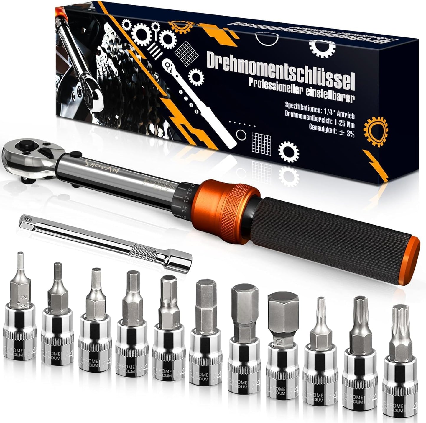Chiave Dinamometrica Bici, Set Chiavi a Cricchetto 1/4 di Pollice 2-24 Nm, Cricchetto Reversibile a 72 Denti, Precisione di Errore ± 3%, con Adattatore da 3/8", Punte Phillips Hex e Torx