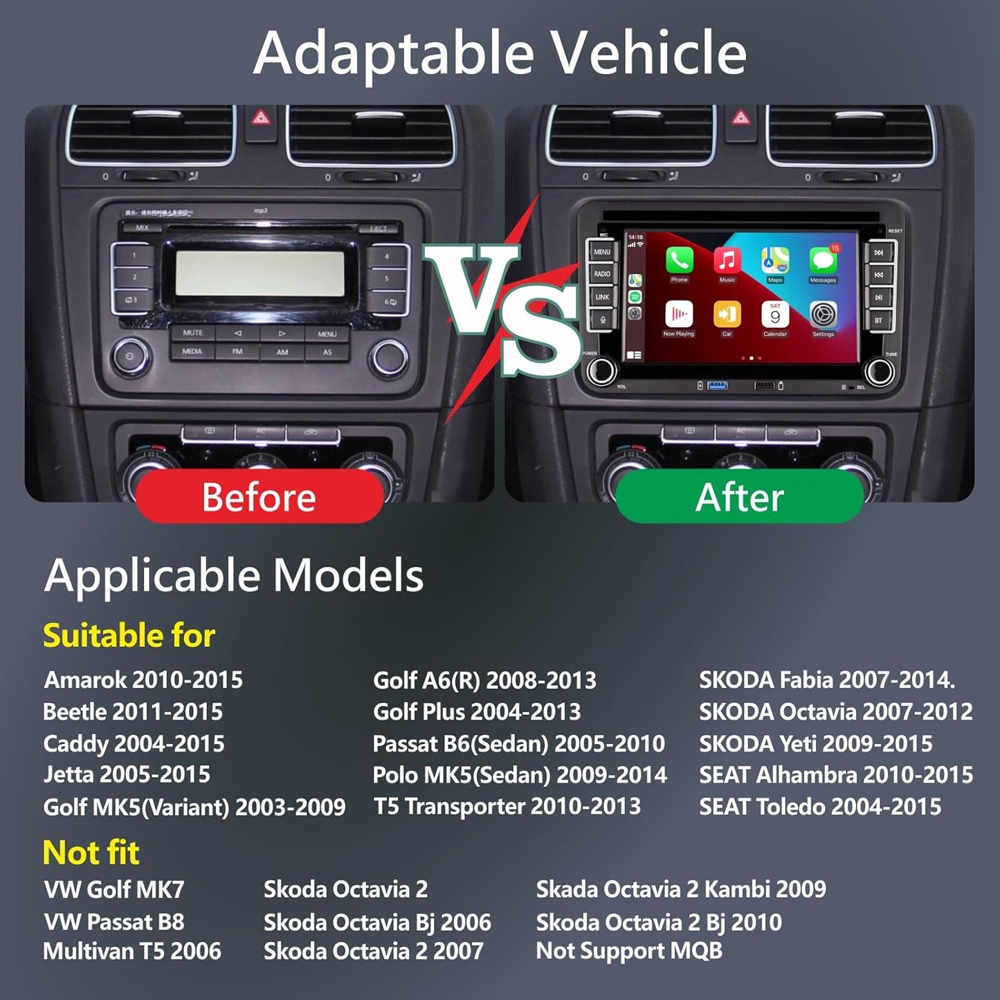 Autoradio per Golf 5 6 Passat Jetta Caddy Polo cc Tiguan EOS Touran T5 Scirocco Wireless Carplay & Android Auto, con display IPS da 7 inch Bluetooth/FM/AM/USB/EQ/Touch