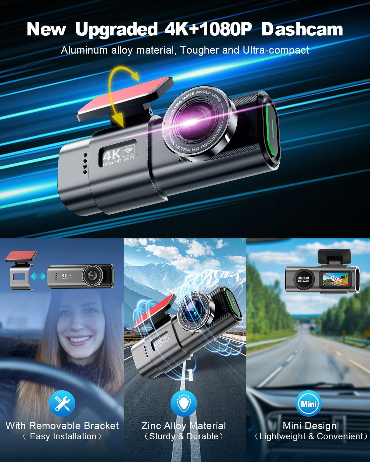 Dash Cam Auto, 4K Dashcam con 64G Scheda, Dashcam Auto con WiFi & App, Telecamera per Auto 170°, Schermo 1,47", WDR, Visione Notturna, Modalità Parcheggio, Sensore di Gravità, Registrazione in Loop