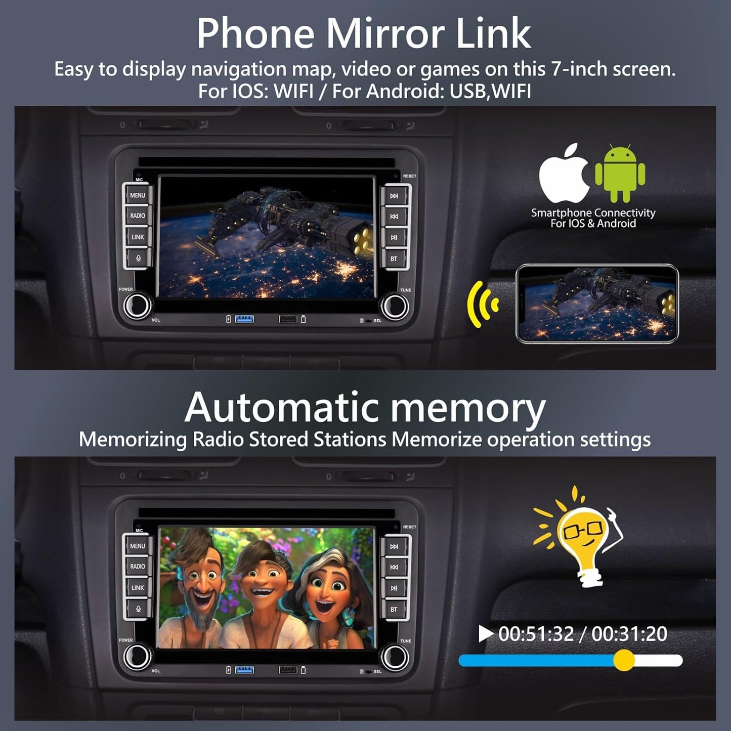 Autoradio per Golf 5 6 Passat Jetta Caddy Polo cc Tiguan EOS Touran T5 Scirocco Wireless Carplay & Android Auto, con display IPS da 7 inch Bluetooth/FM/AM/USB/EQ/Touch