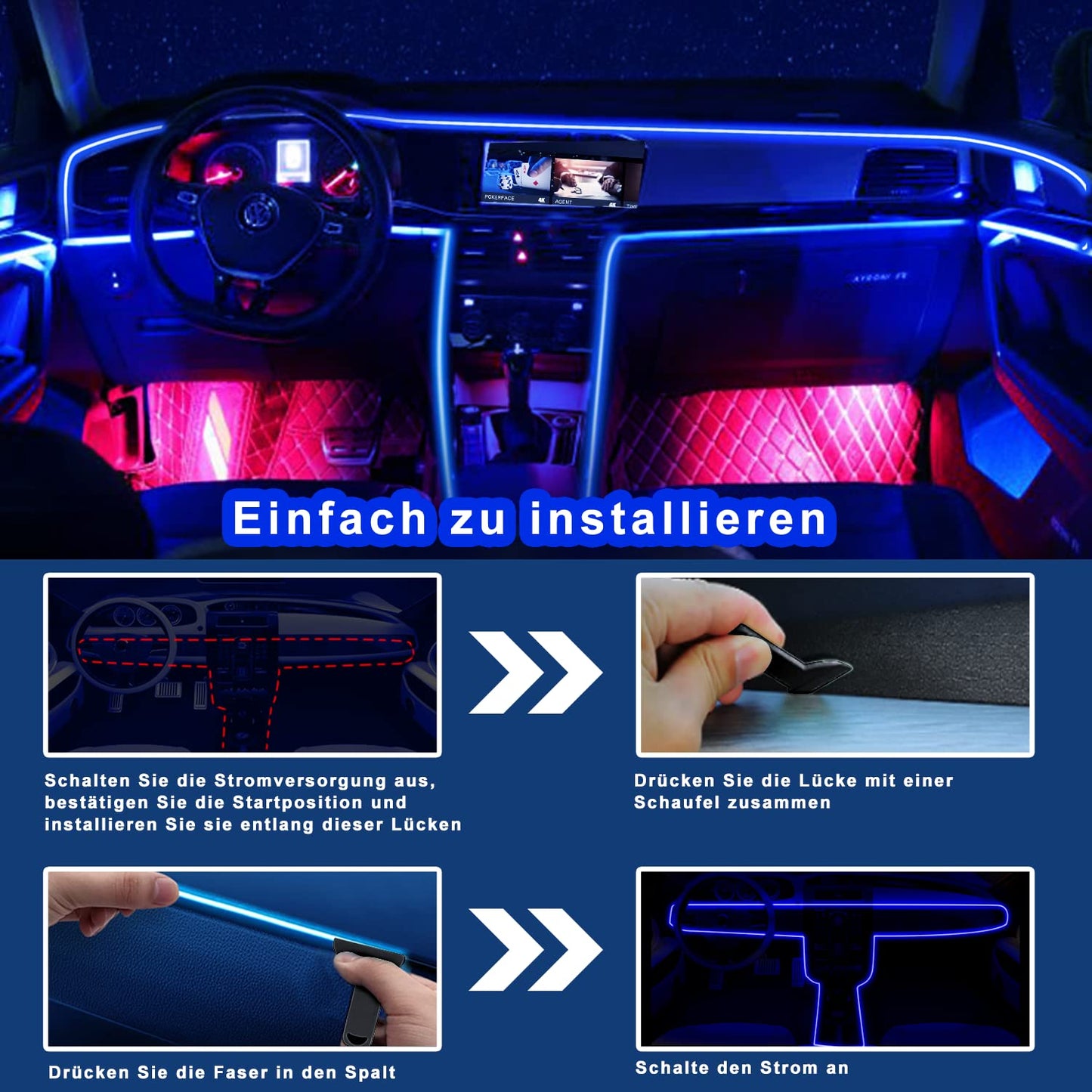 Boadw Striscia Led Auto 5V 5050 RGB Illuminazione Ambientale Auto 4m, Led Strip Car con APP,Pulsante di Controllo,Luce di Atmosfera USB Neon Luce di Musica Striscia Nero Cavo