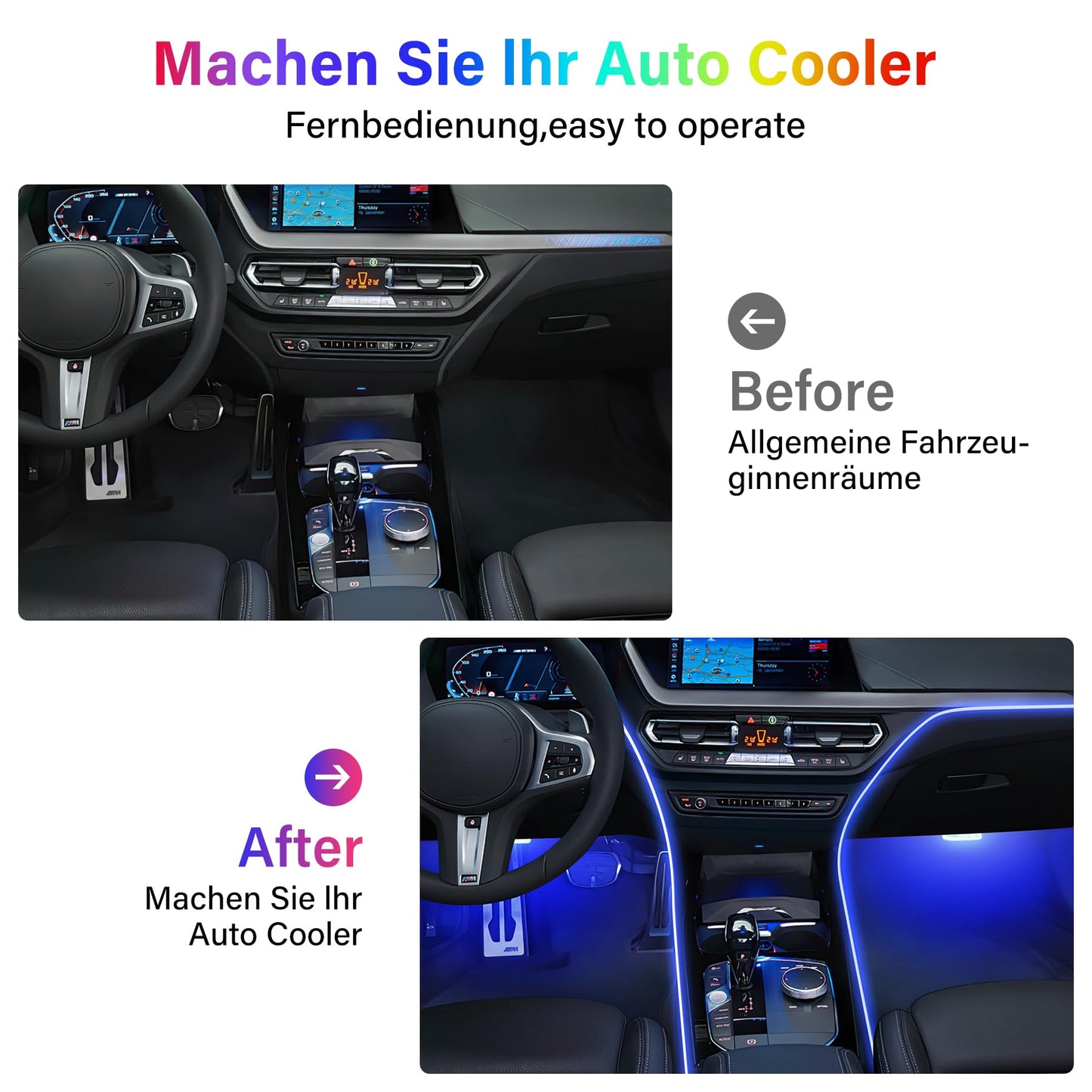 Boadw Striscia Led Auto 5V 5050 RGB Illuminazione Ambientale Auto 4m, Led Strip Car con APP,Pulsante di Controllo,Luce di Atmosfera USB Neon Luce di Musica Striscia Nero Cavo