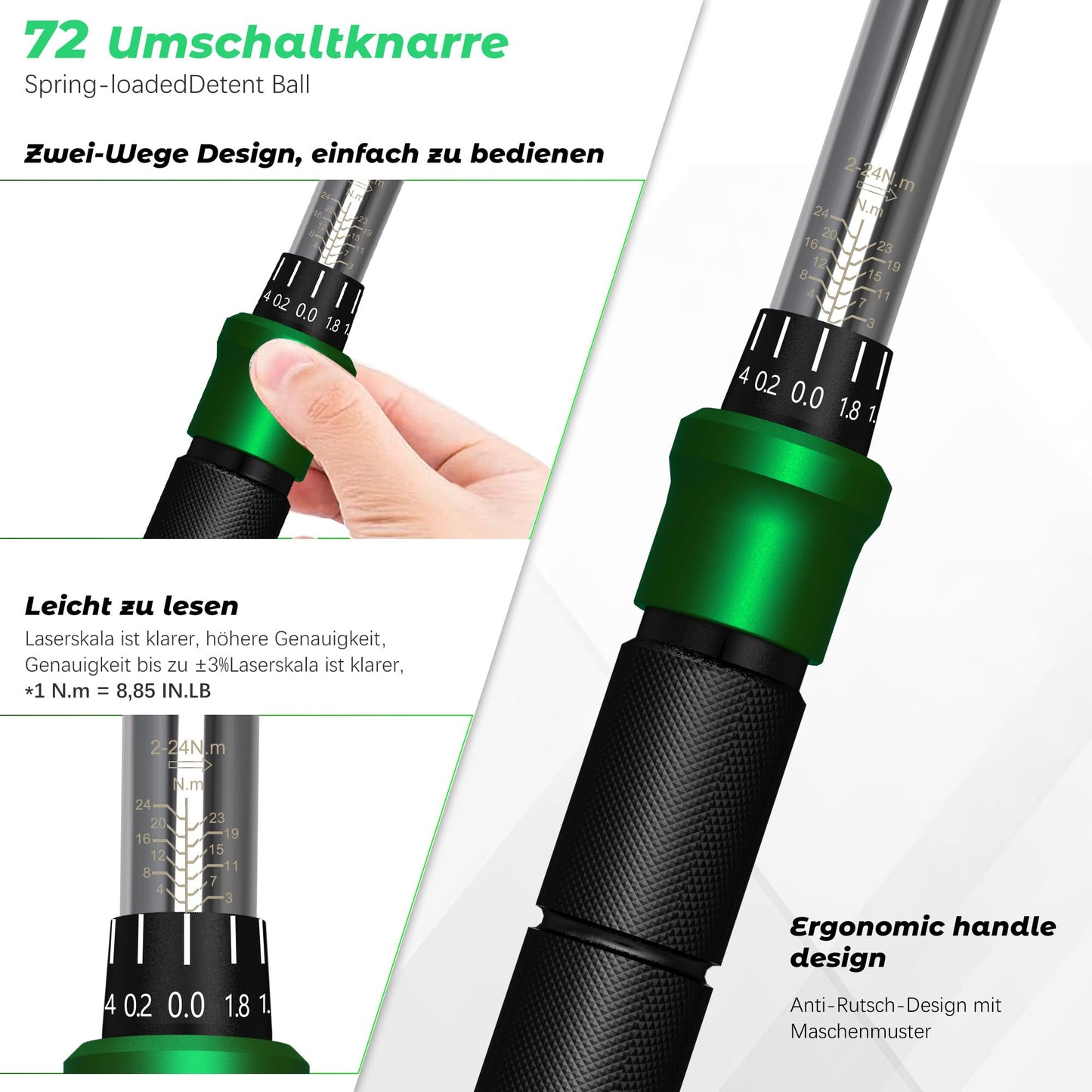 Chiave Dinamometrica Bici, Set Chiavi a Cricchetto 1/4 di Pollice 2-24 Nm, Cricchetto Reversibile a 72 Denti, Precisione di Errore ± 3%, con Adattatore da 3/8", Punte Phillips Hex e Torx