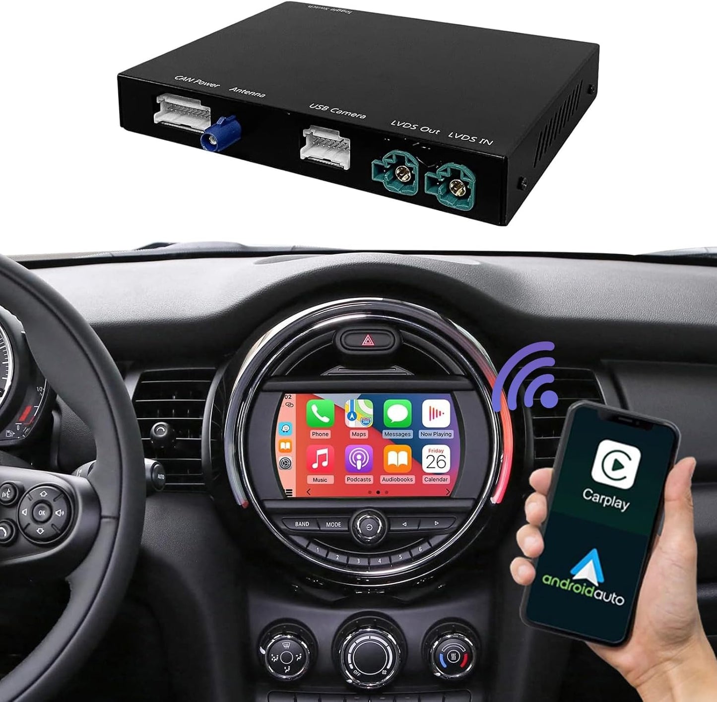 Autoradio Carplay Android Auto senza fili per BMW Mini Cooper One Hatch Clubman F55 F56 F54 F57 NBT System 2014-2018, Support Mirrorlink, Reverse Camera, navigazione