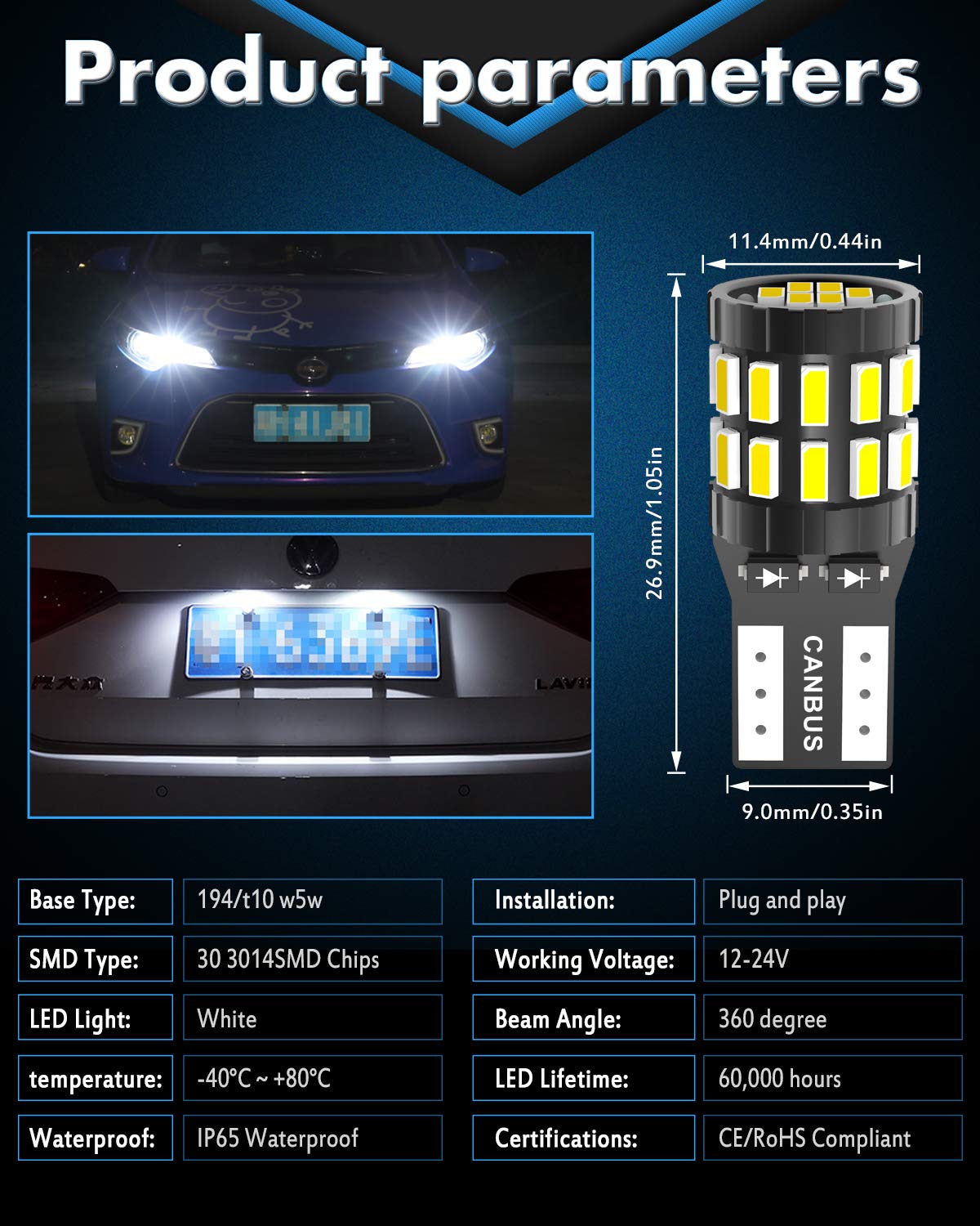 KATUR T10 W5W LED 194 168 2825 Lampadina Cuneo LED CANBUS Senza errori Super Luminoso 6000K Xenon Bianco 30x3014SMD 12-24V per Luci Car Dome Map Door Luce di cortesia per Targa (Versione aggiornata)