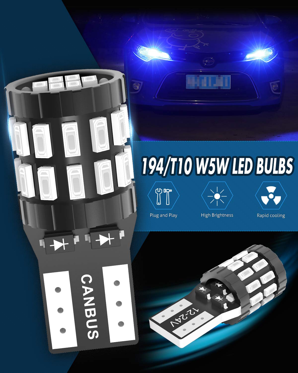 KATUR T10 W5W LED 194 168 2825 Lampadina Cuneo LED CANBUS Senza errori Super Luminoso 6000K Xenon Bianco 30x3014SMD 12-24V per Luci Car Dome Map Door Luce di cortesia per Targa (Versione aggiornata)