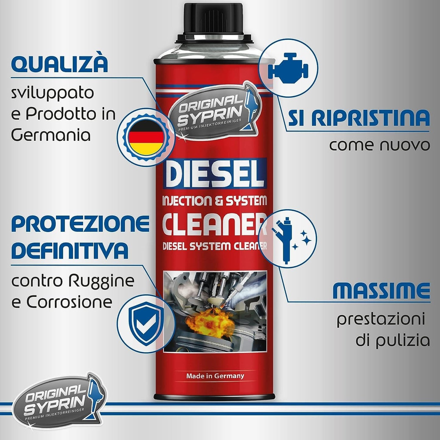 SYPRIN Pulitore Iniettori Diesel, ottimizza e pulisce iniettori, ugelli di iniezione, filtri antiparticolato Diesel, Dpf - additivo 1x500ml
