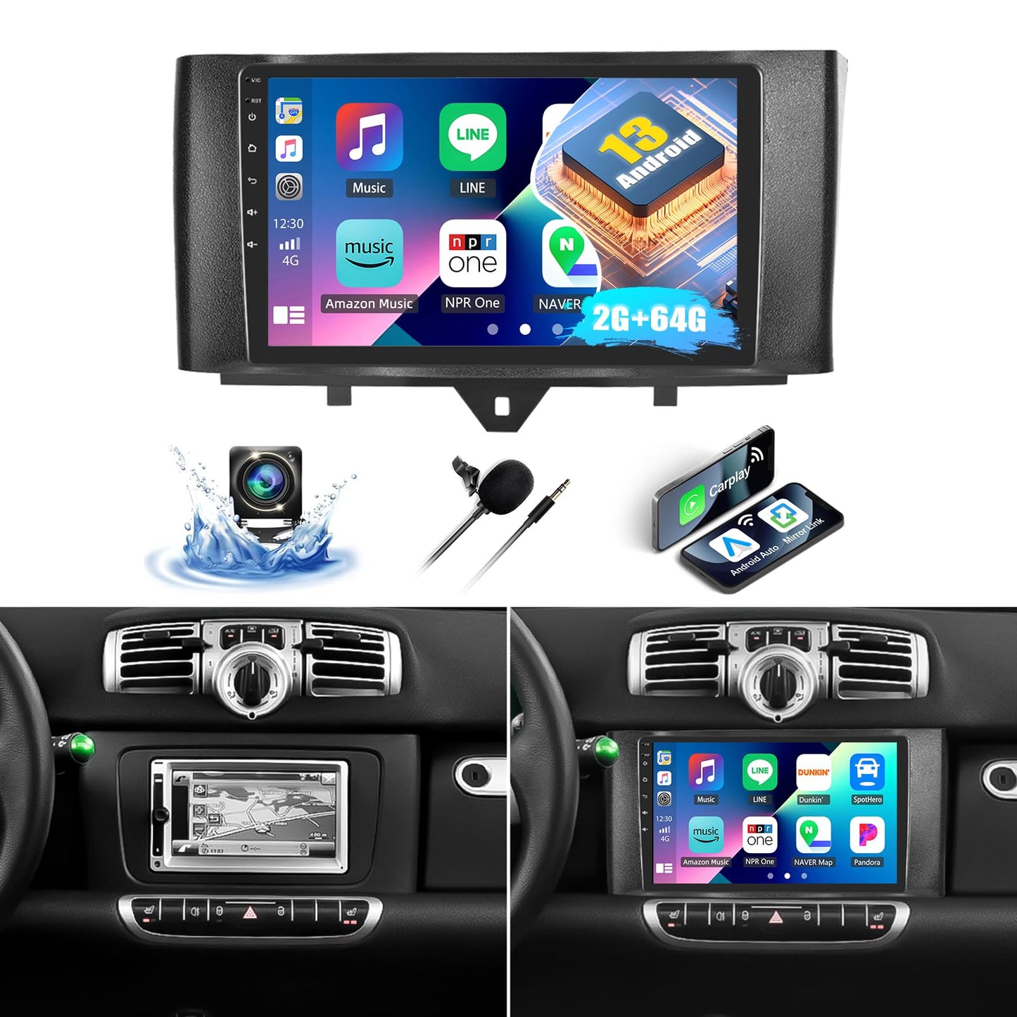 Autoradio con CarPlay/Android/DSP SIXWIN 2+64G Android 13 per Mercedes-Benz Smart Fortwo 2011-2015,1280 * 720, 9" HD Schermo Navigatore GPS WiFi BT USB FM RDS Mirror Link