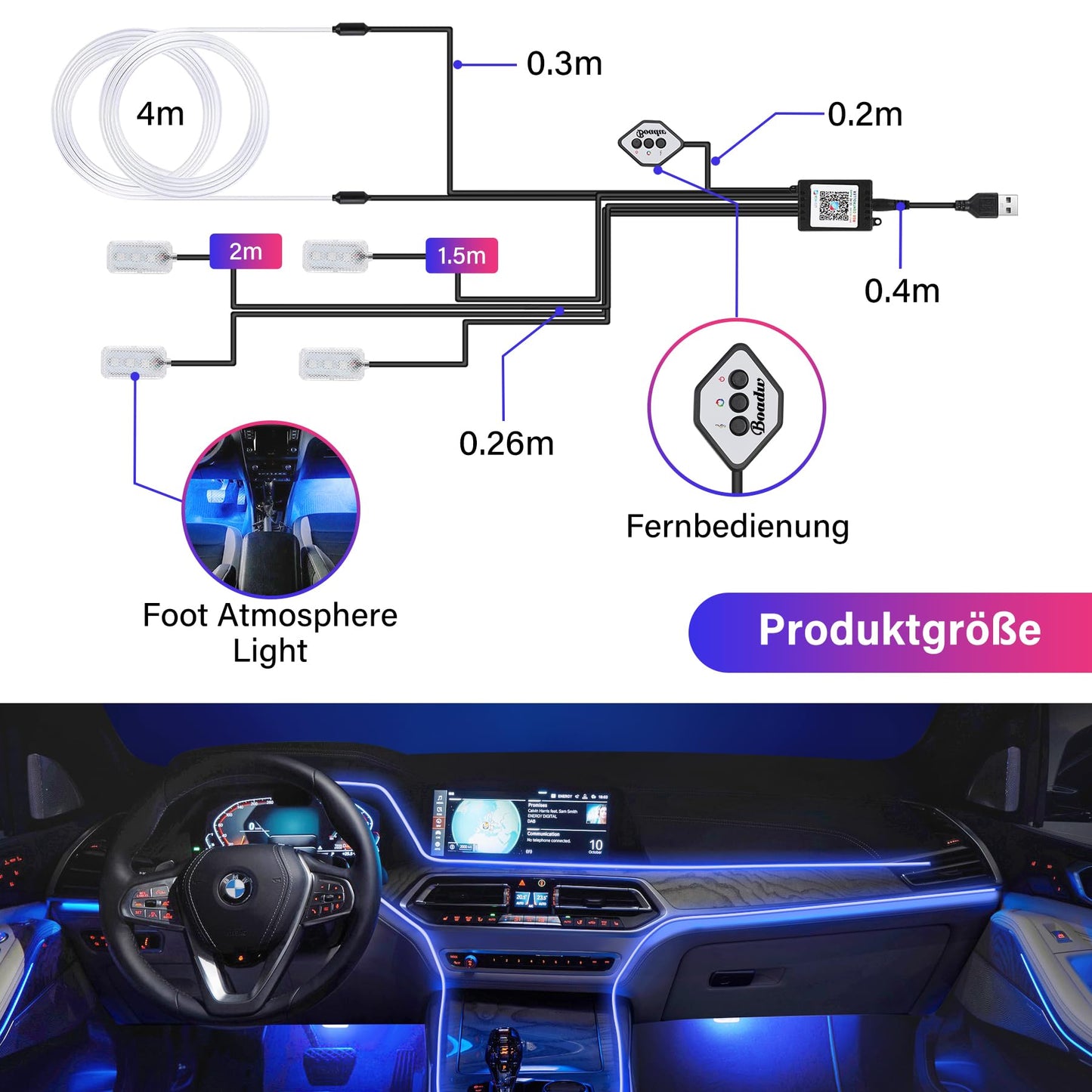 Boadw Striscia Led Auto 5V 5050 RGB Illuminazione Ambientale Auto 4m, Led Strip Car con APP,Pulsante di Controllo,Luce di Atmosfera USB Neon Luce di Musica Striscia Nero Cavo