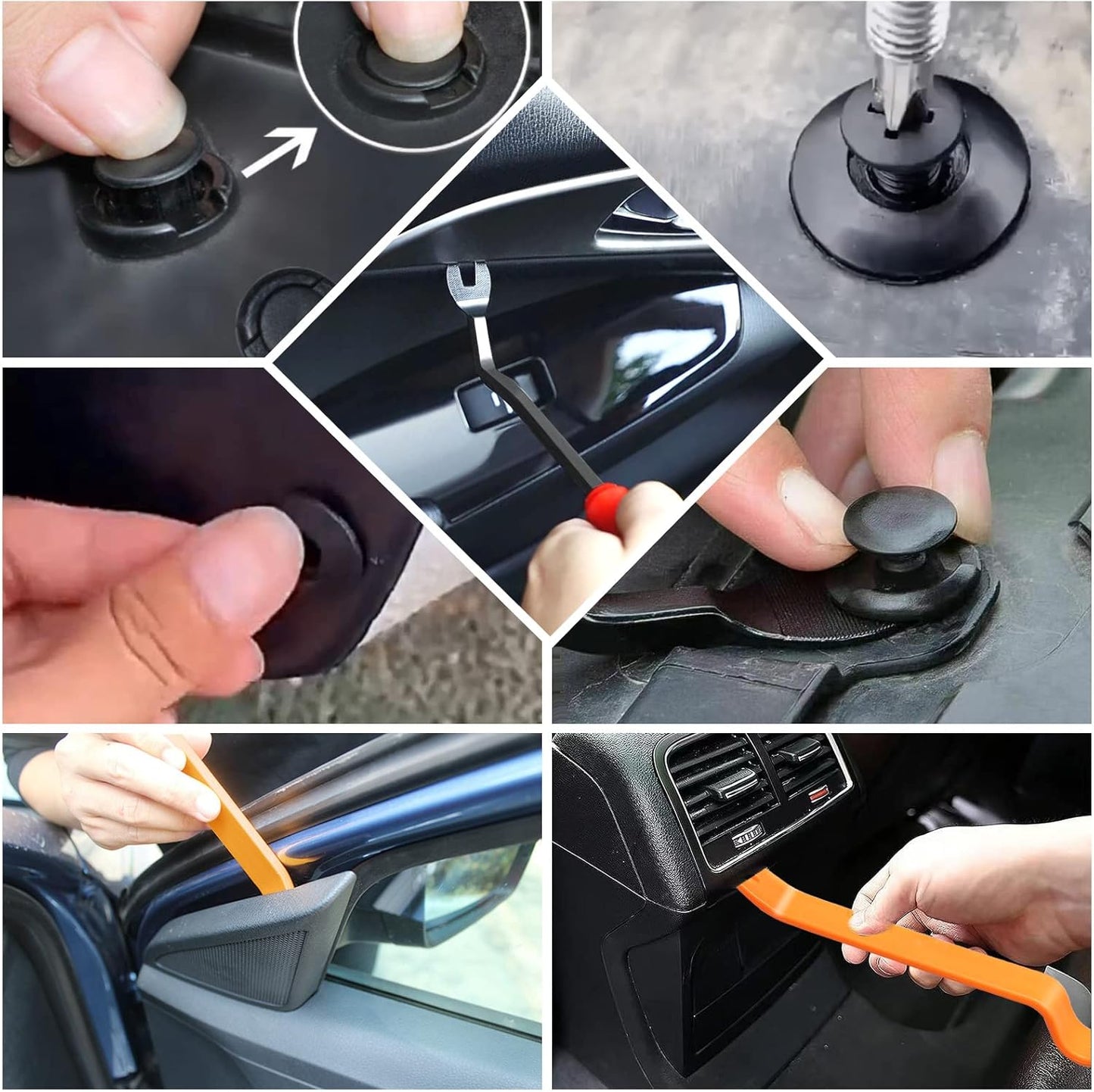 Set di clips voiture per auto - 6 diverse tipologie di clip per rivestimenti porta e clip in plastica per paraurti universali, inclusi i set di fissaggio della carrozzeria con rivetti a espansione.