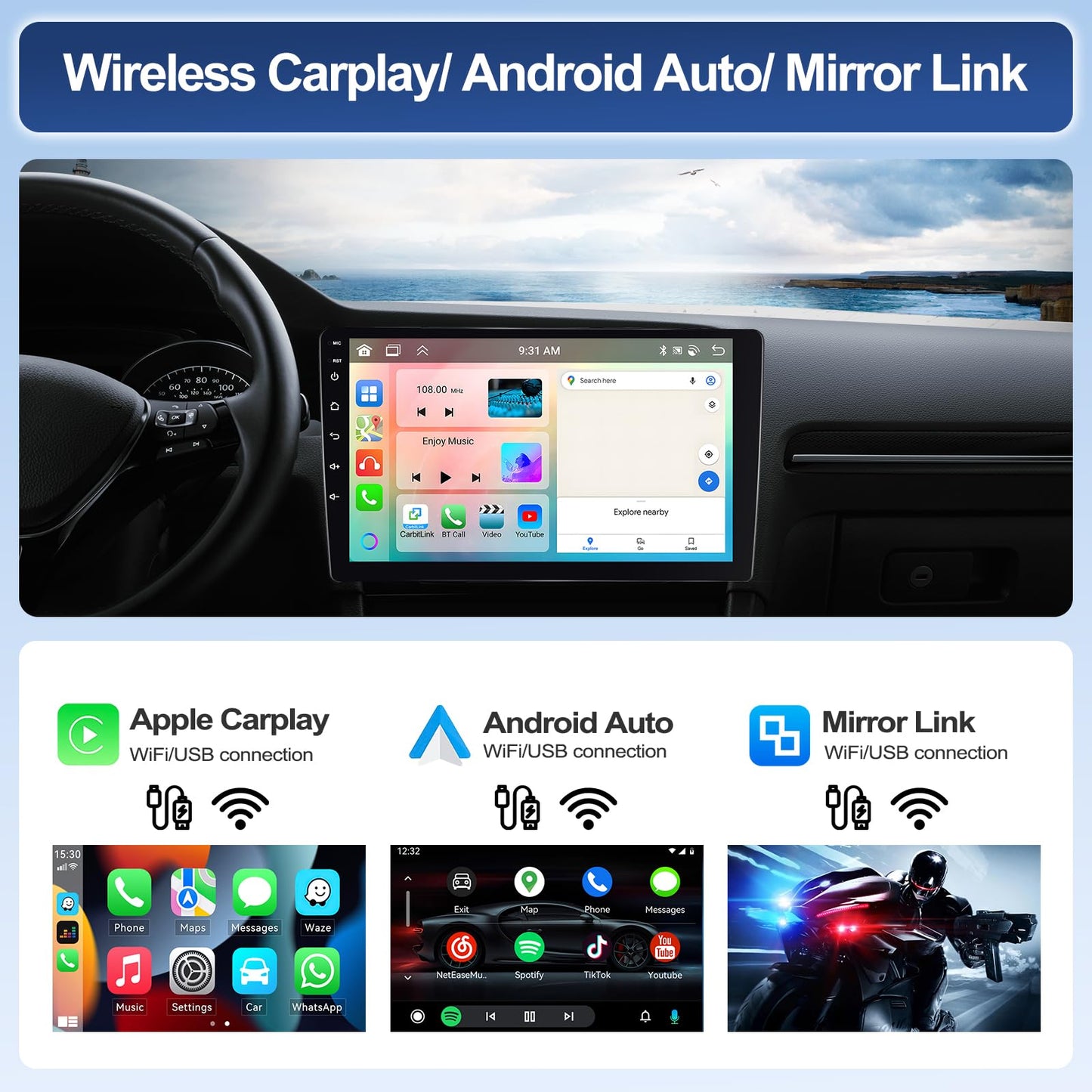 Autoradio con CarPlay/Android/DSP SIXWIN 2+64G Android 13 per Mercedes-Benz Smart Fortwo 2011-2015,1280 * 720, 9" HD Schermo Navigatore GPS WiFi BT USB FM RDS Mirror Link