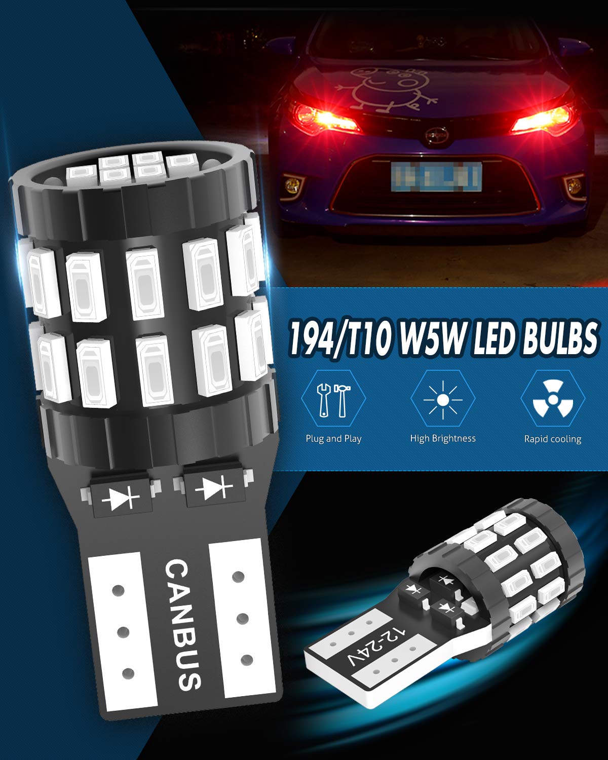KATUR T10 W5W LED 194 168 2825 Lampadina Cuneo LED CANBUS Senza errori Super Luminoso 6000K Xenon Bianco 30x3014SMD 12-24V per Luci Car Dome Map Door Luce di cortesia per Targa (Versione aggiornata)