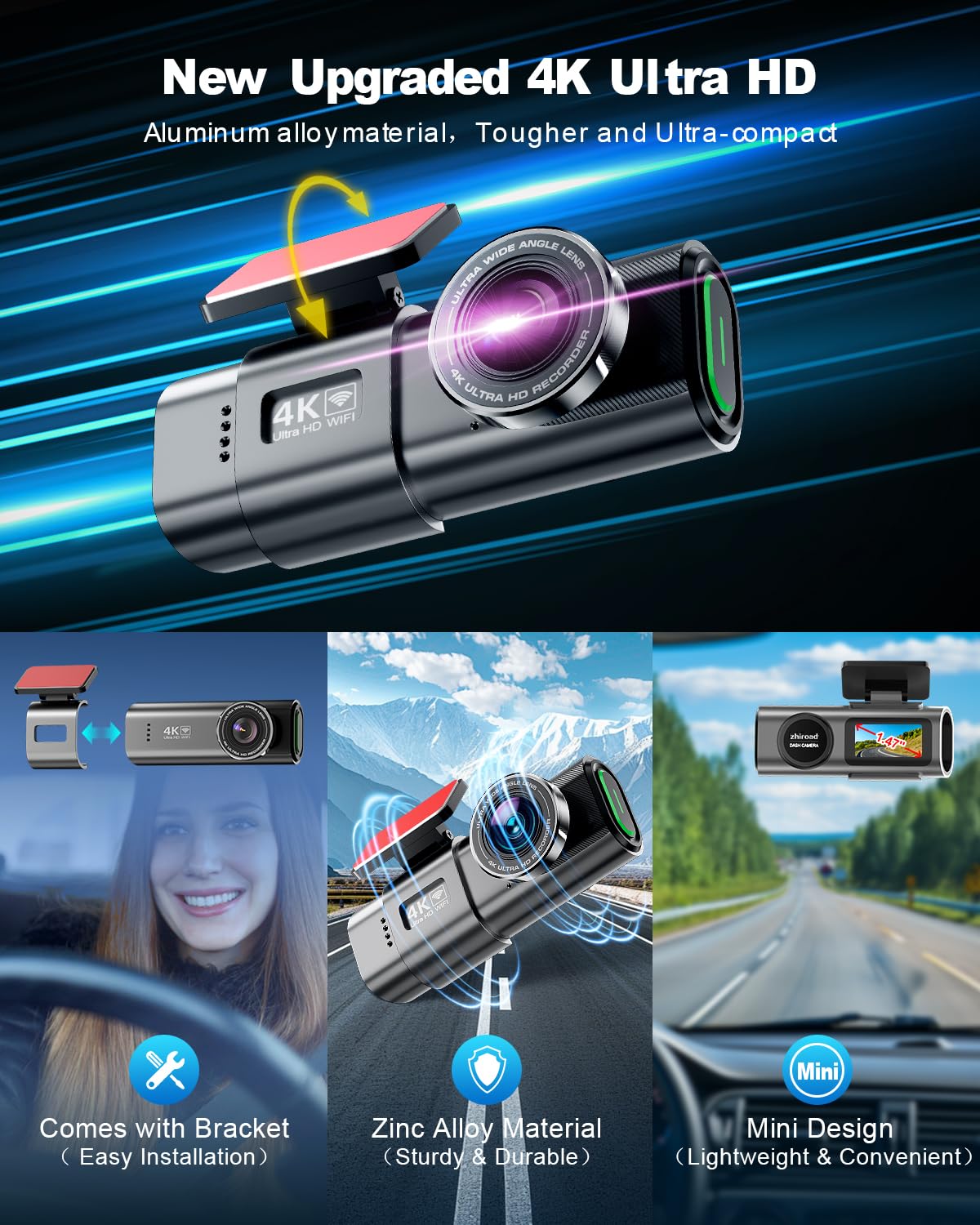Dash Cam Auto, 4K Dashcam con 64G Scheda, Dashcam Auto con WiFi & App, Telecamera per Auto 170°, Schermo 1,47", WDR, Visione Notturna, Modalità Parcheggio, Sensore di Gravità, Registrazione in Loop