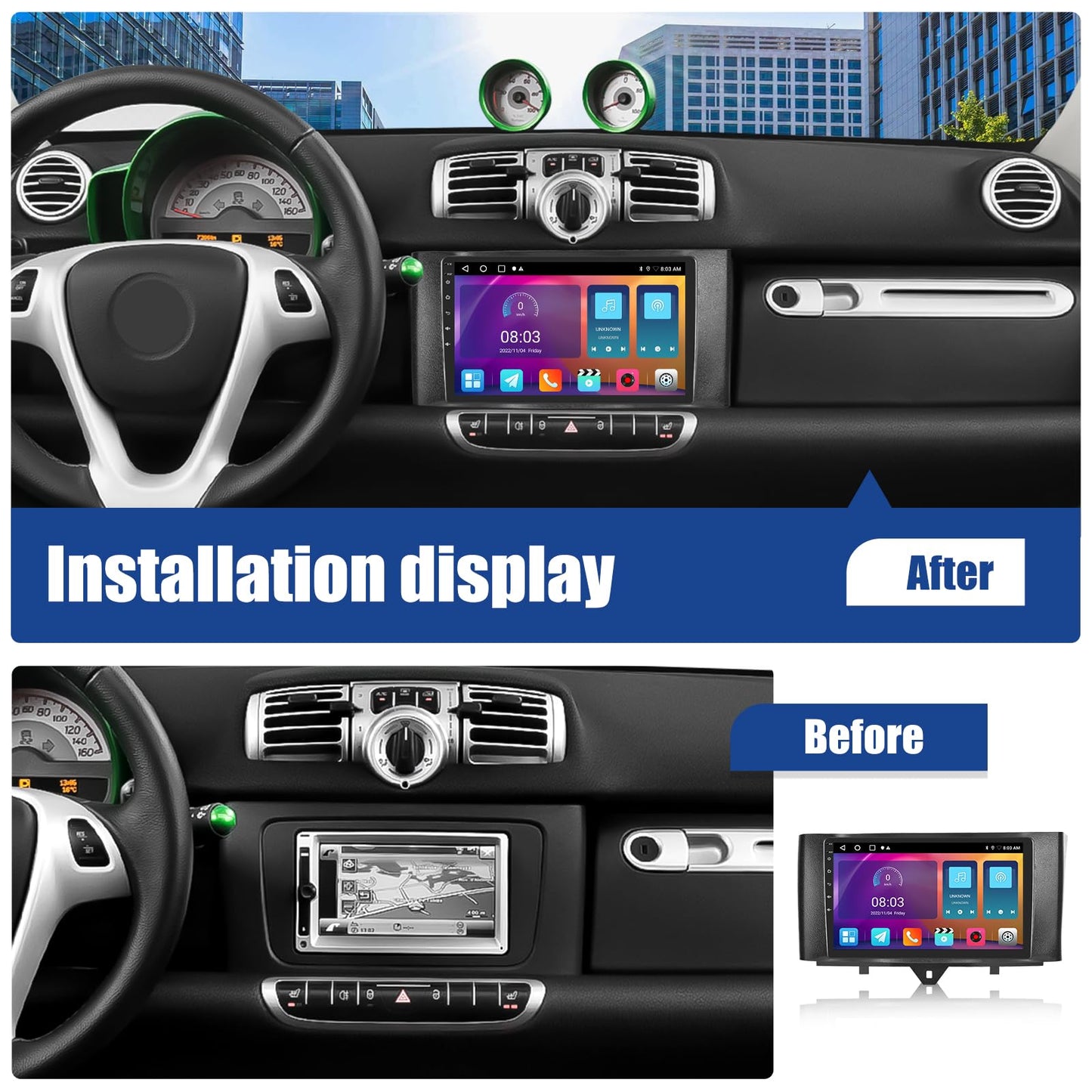 Autoradio con CarPlay/Android/DSP SIXWIN 2+64G Android 13 per Mercedes-Benz Smart Fortwo 2011-2015,1280 * 720, 9" HD Schermo Navigatore GPS WiFi BT USB FM RDS Mirror Link