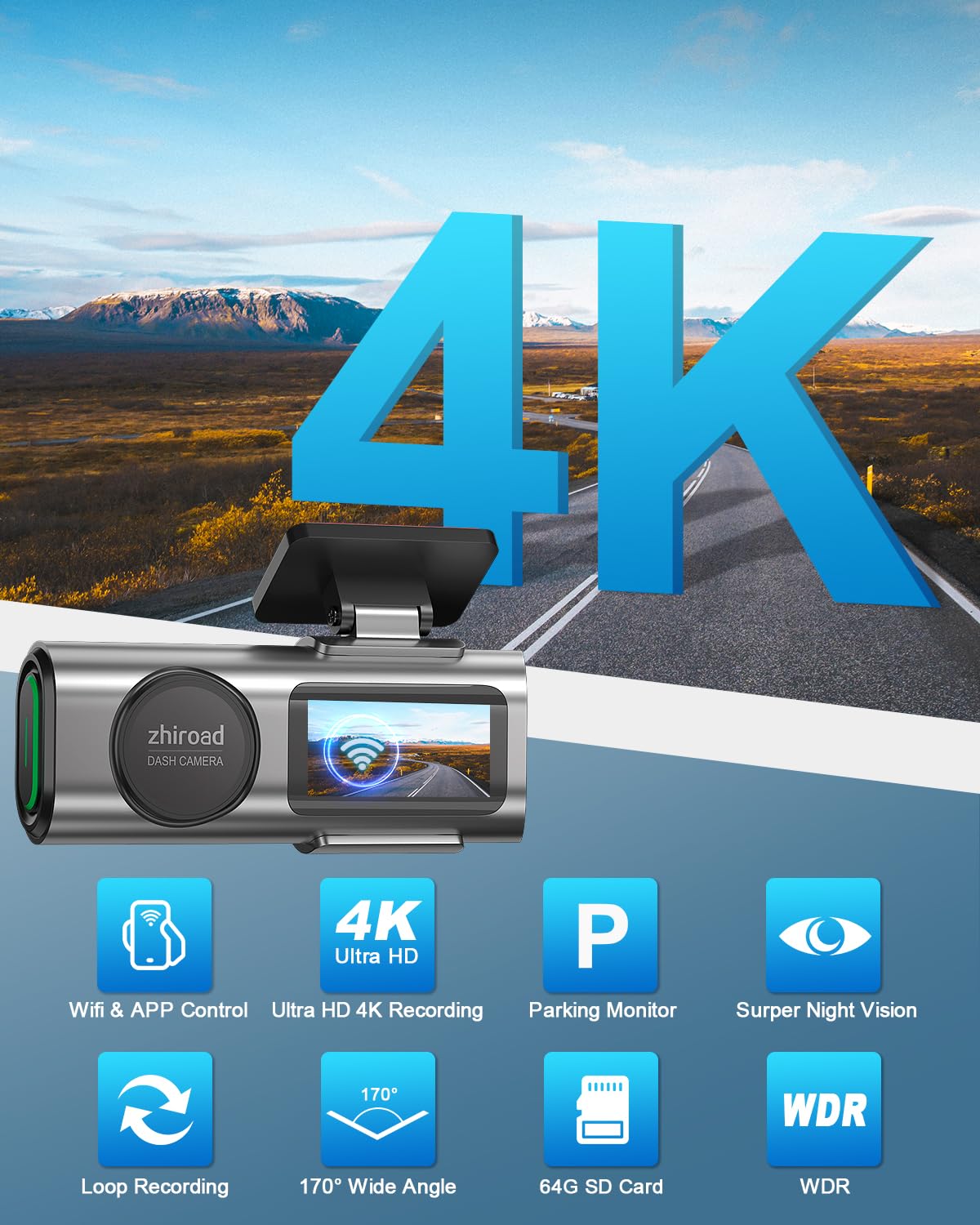 Dash Cam Auto, 4K Dashcam con 64G Scheda, Dashcam Auto con WiFi & App, Telecamera per Auto 170°, Schermo 1,47", WDR, Visione Notturna, Modalità Parcheggio, Sensore di Gravità, Registrazione in Loop