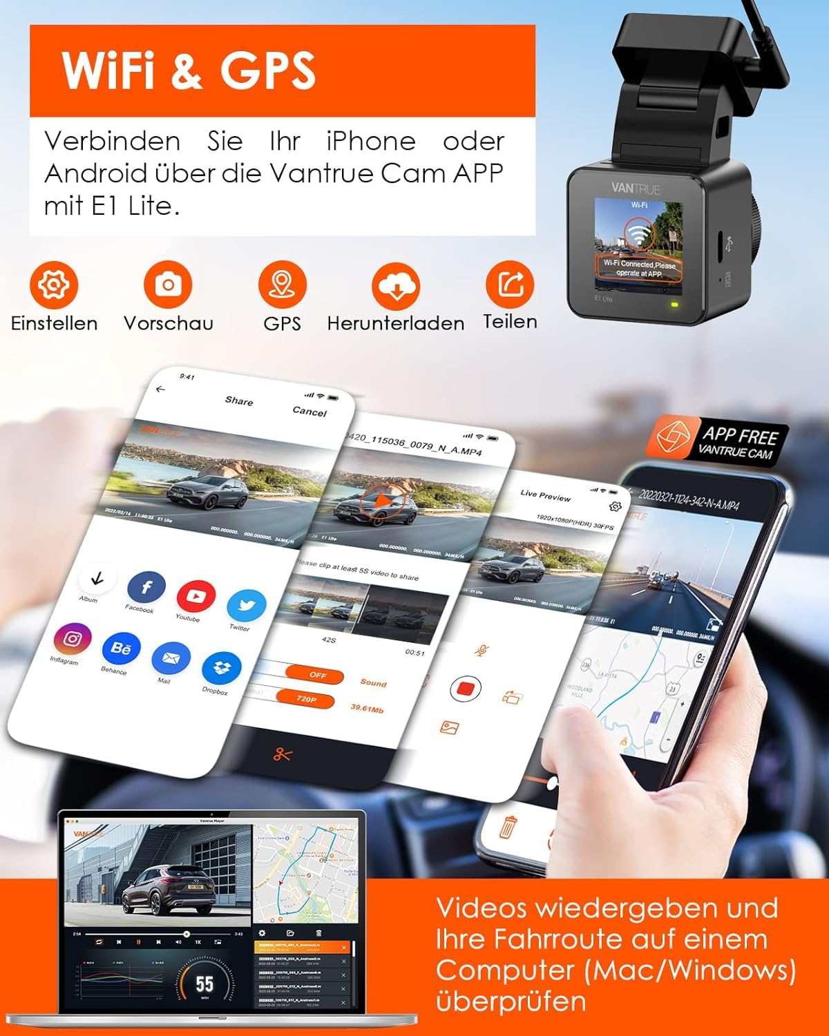 VANTRUE E1 WiFi GPS Dash Cam, 2596x1944P 30FPS Telecamera Per Auto a condensatore con Schermo IPS da 1,54 Pollice a 160°, Monitoraggio del parcheggio 24 ore, Telecomando e controllo vocale, Max 512G