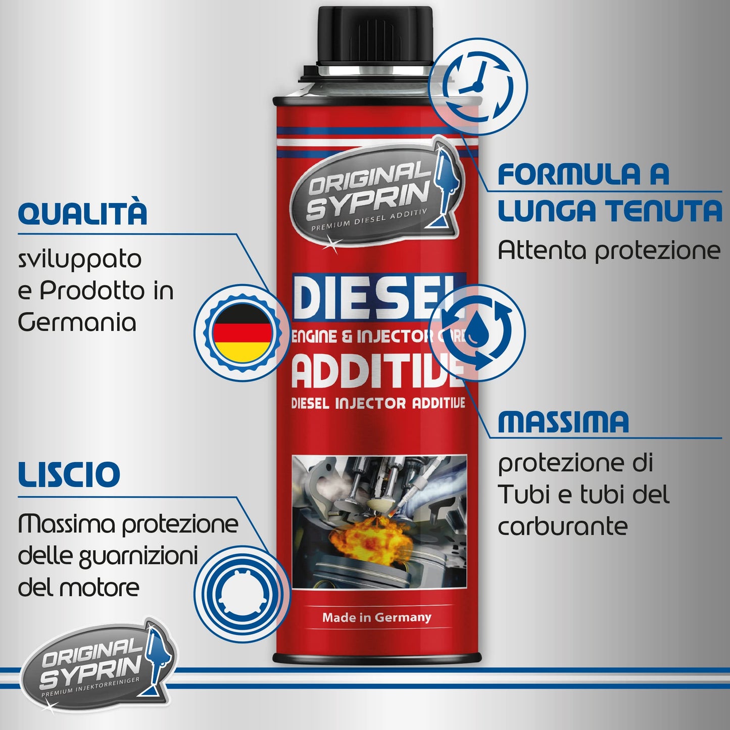 SYPRIN Pulitore Iniettori Diesel, ottimizza e pulisce iniettori, ugelli di iniezione, filtri antiparticolato Diesel, Dpf - additivo 1x500ml