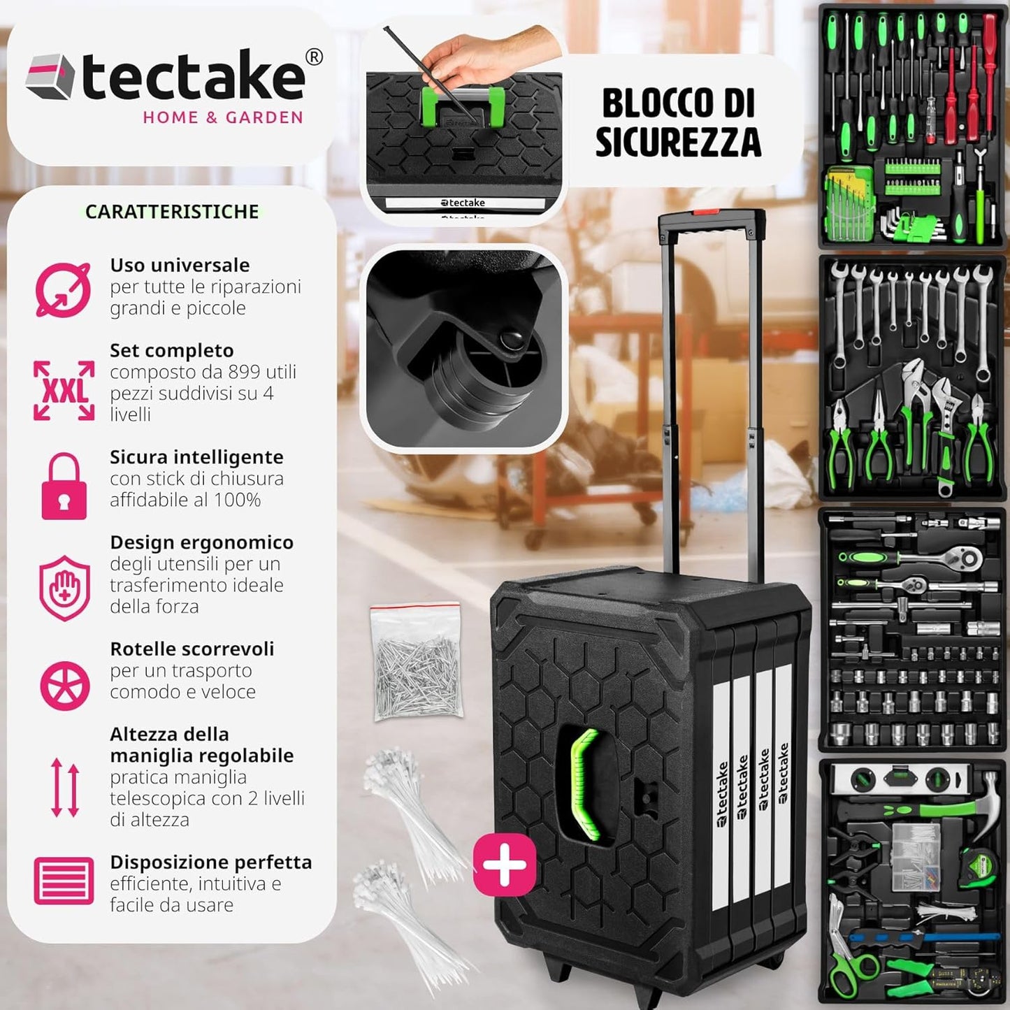 Trolley Porta Attrezzi 4 Scomparti, 899 Pezzi, Valigetta Completa con Utensili per Fai da Te, Cassetta degli Attrezzi con Ruote, Valigetta Attrezzi con Maniglia Telescopica - Nero