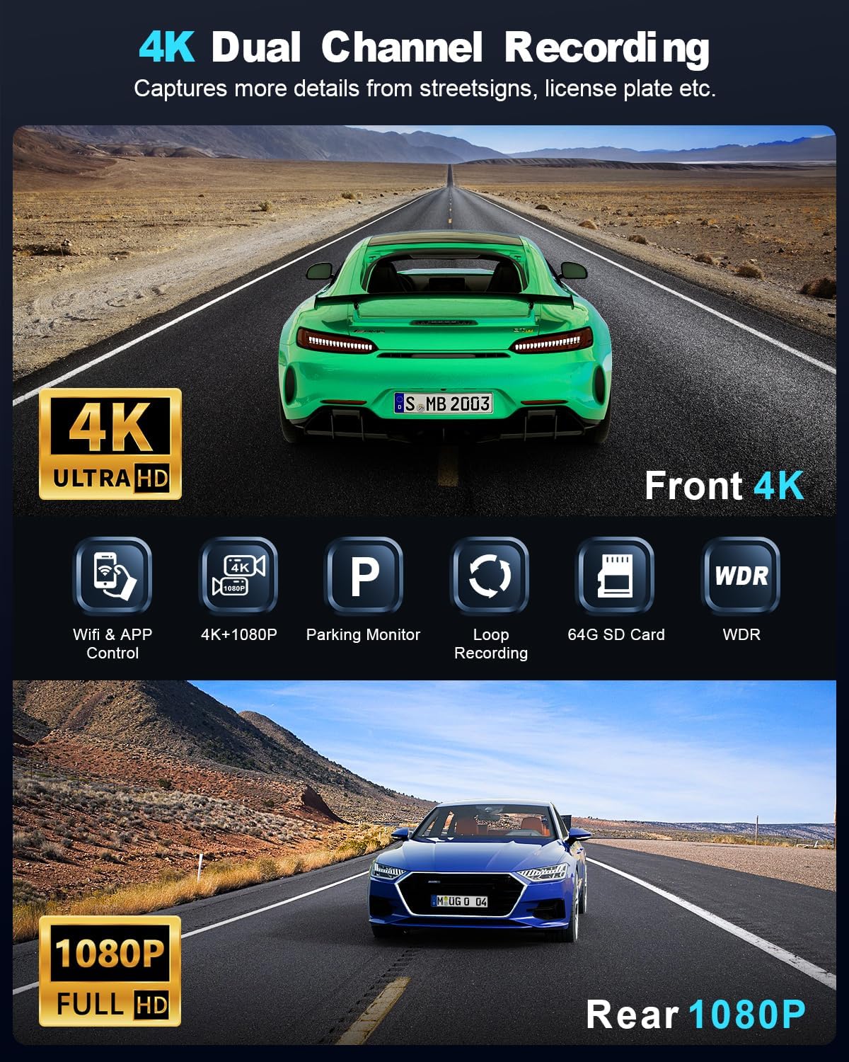 Dash Cam Auto, 4K Dashcam con 64G Scheda, Dashcam Auto con WiFi & App, Telecamera per Auto 170°, Schermo 1,47", WDR, Visione Notturna, Modalità Parcheggio, Sensore di Gravità, Registrazione in Loop