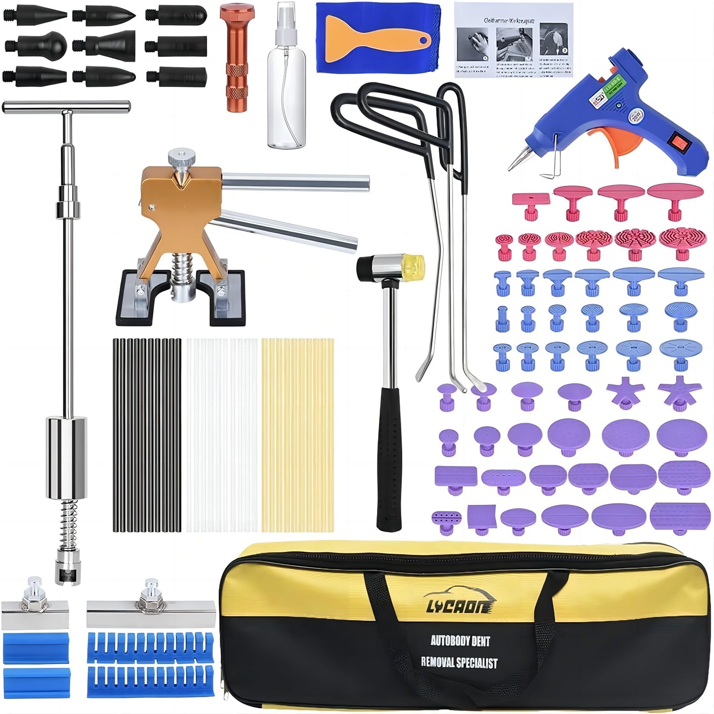 LYCAON Strumento per la Riparazione Kit estrattore per ammaccature, Pistola per Colla Hot Melt Plug, Dispositivo di rimozione della grandine, Istruzioni e Video Inclusi (107 Pezzi)