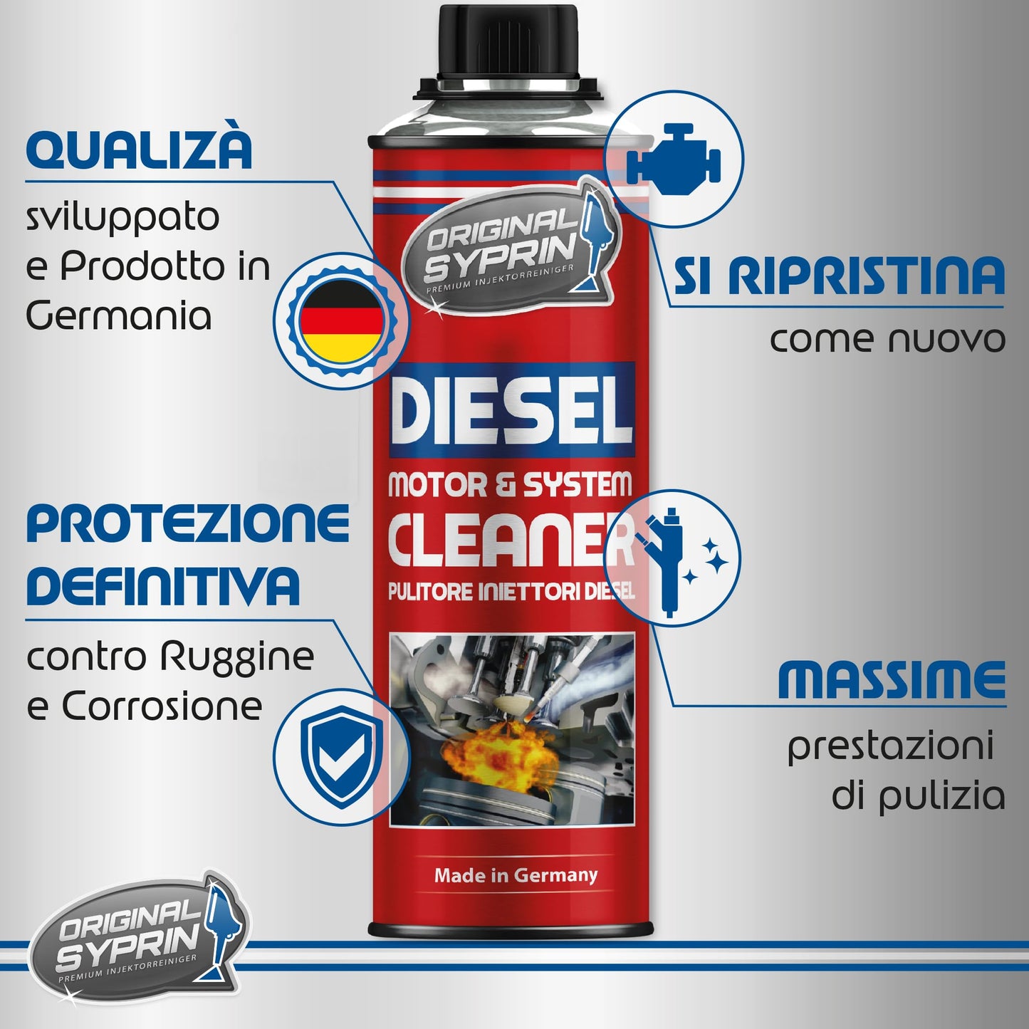 SYPRIN Pulitore Iniettori Diesel, ottimizza e pulisce iniettori, ugelli di iniezione, filtri antiparticolato Diesel, Dpf - additivo 1x500ml