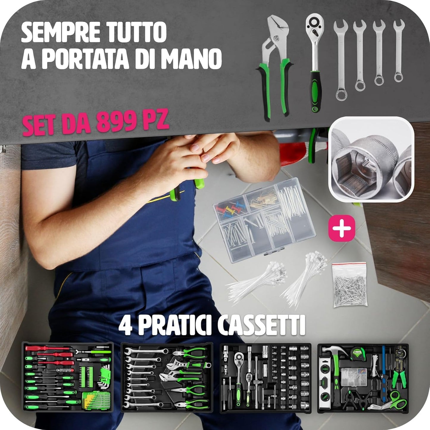 Trolley Porta Attrezzi 4 Scomparti, 899 Pezzi, Valigetta Completa con Utensili per Fai da Te, Cassetta degli Attrezzi con Ruote, Valigetta Attrezzi con Maniglia Telescopica - Nero