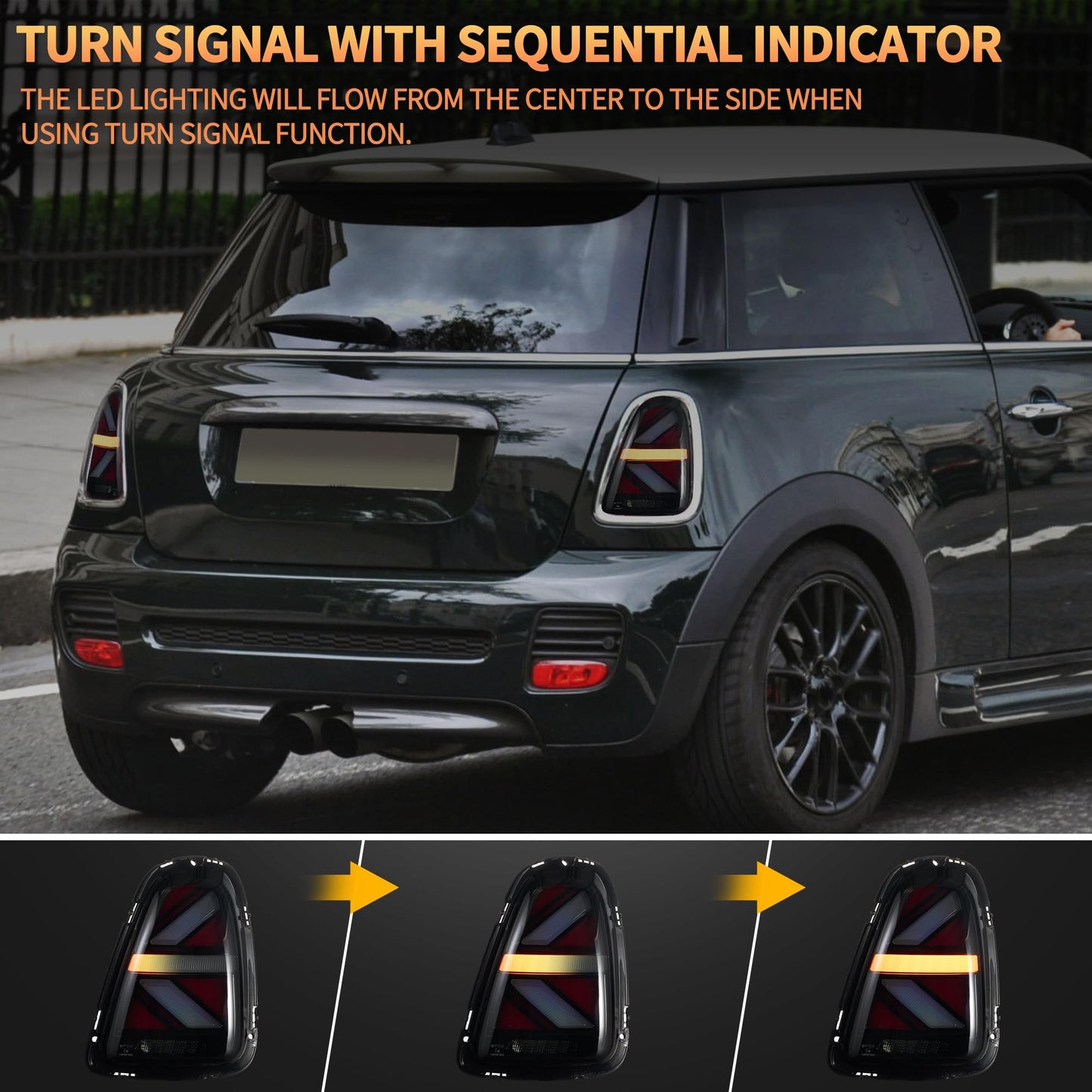 Fari Posteriori LED per Mini Cooper Union Jack R56 R57 R58 R59 2007-2013, con indicatori di direzione dinamici, 1 set (lato guidatore + passeggero) (Trasparente)