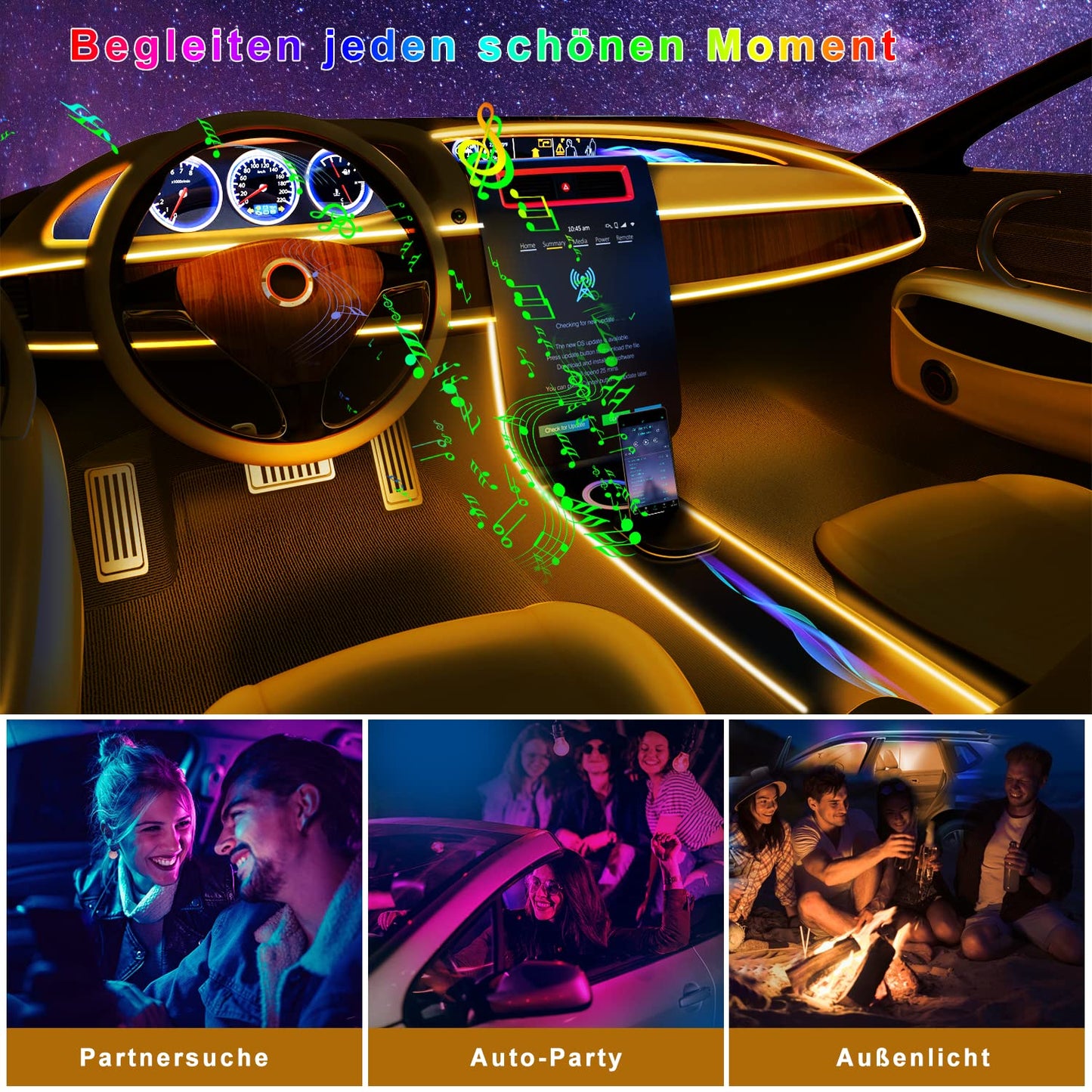 Boadw Striscia Led Auto 5V 5050 RGB Illuminazione Ambientale Auto 4m, Led Strip Car con APP,Pulsante di Controllo,Luce di Atmosfera USB Neon Luce di Musica Striscia Nero Cavo