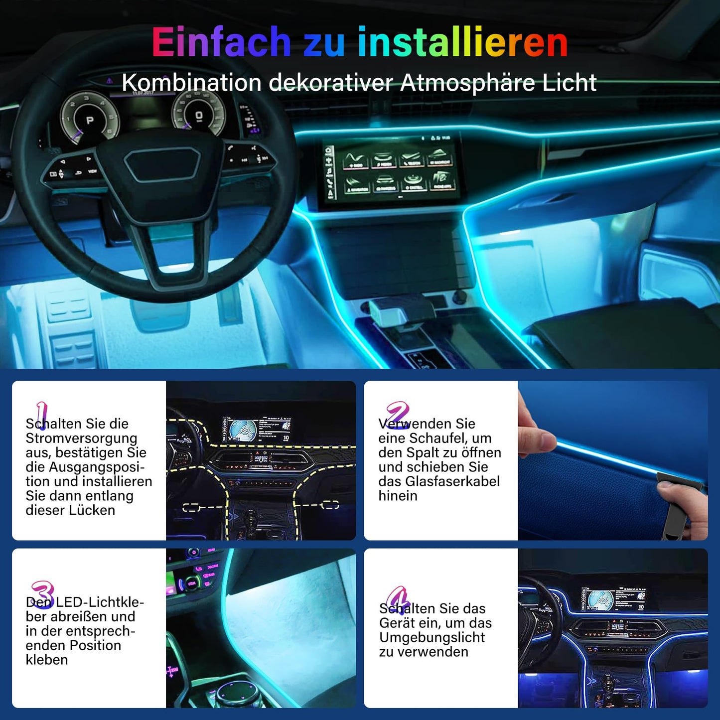 Boadw Striscia Led Auto 5V 5050 RGB Illuminazione Ambientale Auto 4m, Led Strip Car con APP,Pulsante di Controllo,Luce di Atmosfera USB Neon Luce di Musica Striscia Nero Cavo